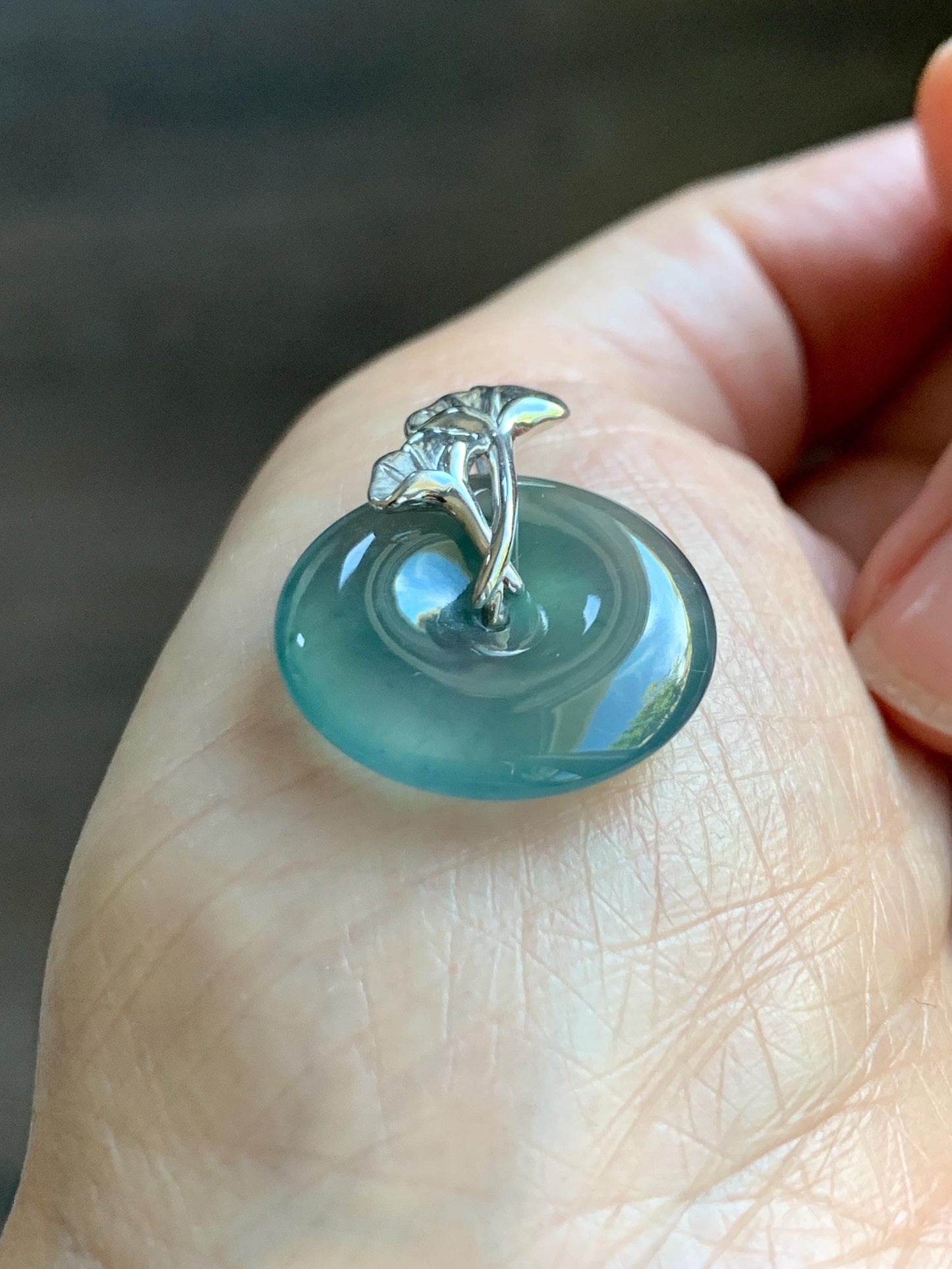 Certified Natural Grade A Guatemalan Icy Translucent Dark Teal Jadeite Ping An Kou Donut Ginkgo Pendant Sterling Silver 天然冰危蓝绿翡翠平安扣吊坠 3764