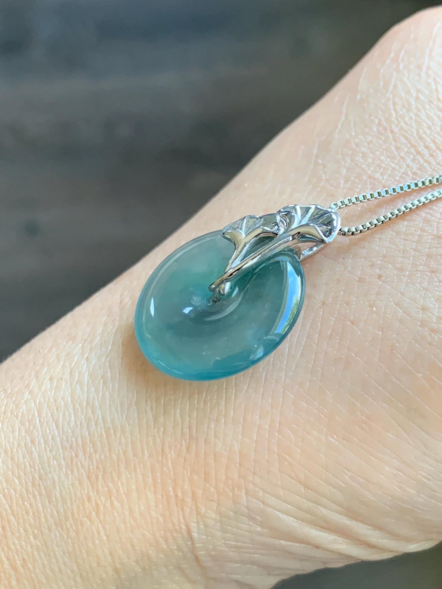 Certified Natural Grade A Guatemalan Icy Translucent Dark Teal Jadeite Ping An Kou Donut Ginkgo Pendant Sterling Silver 天然冰危蓝绿翡翠平安扣吊坠 3764