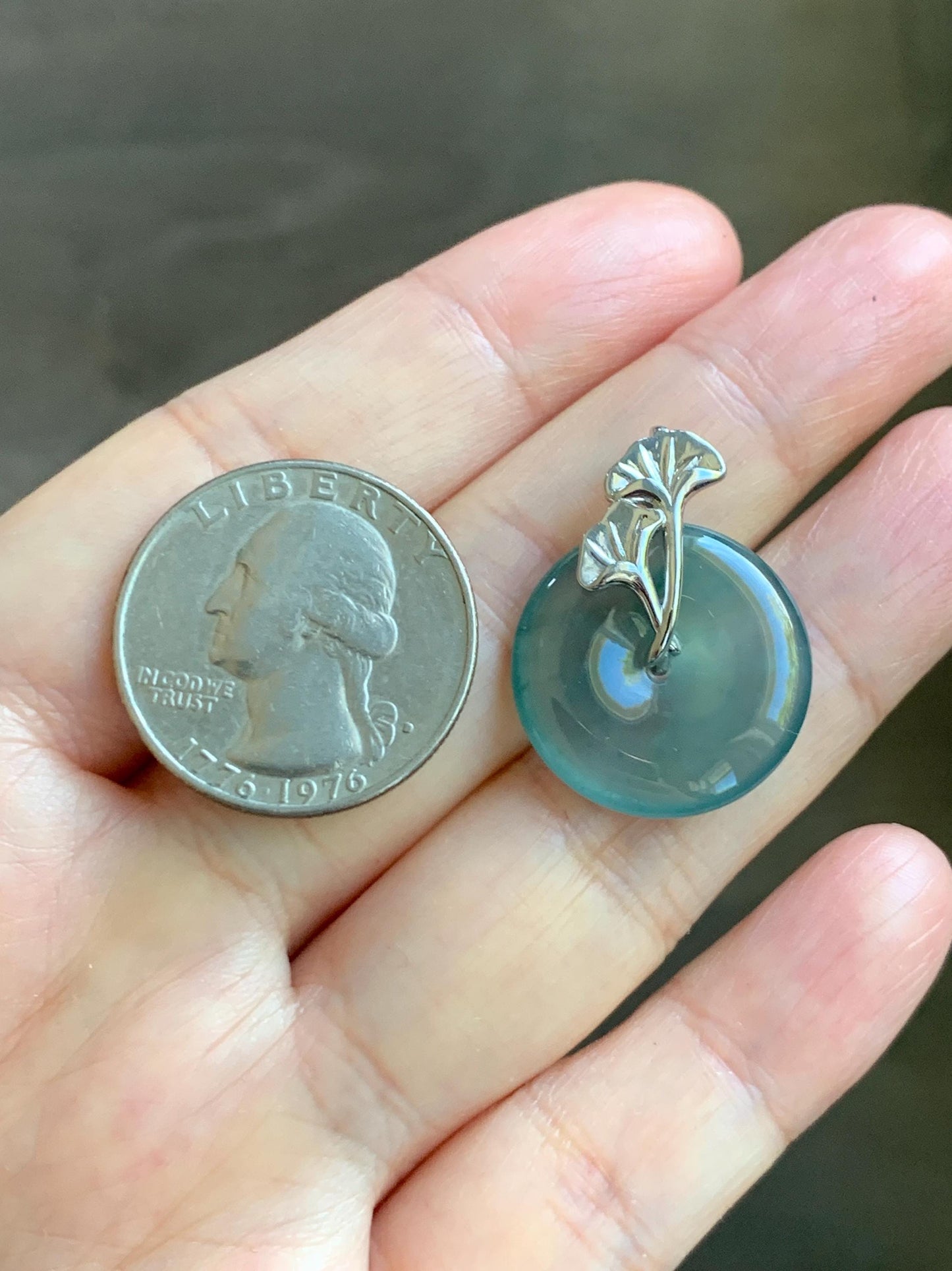 Certified Natural Grade A Guatemalan Icy Translucent Dark Teal Jadeite Ping An Kou Donut Ginkgo Pendant Sterling Silver 天然冰危蓝绿翡翠平安扣吊坠 3764