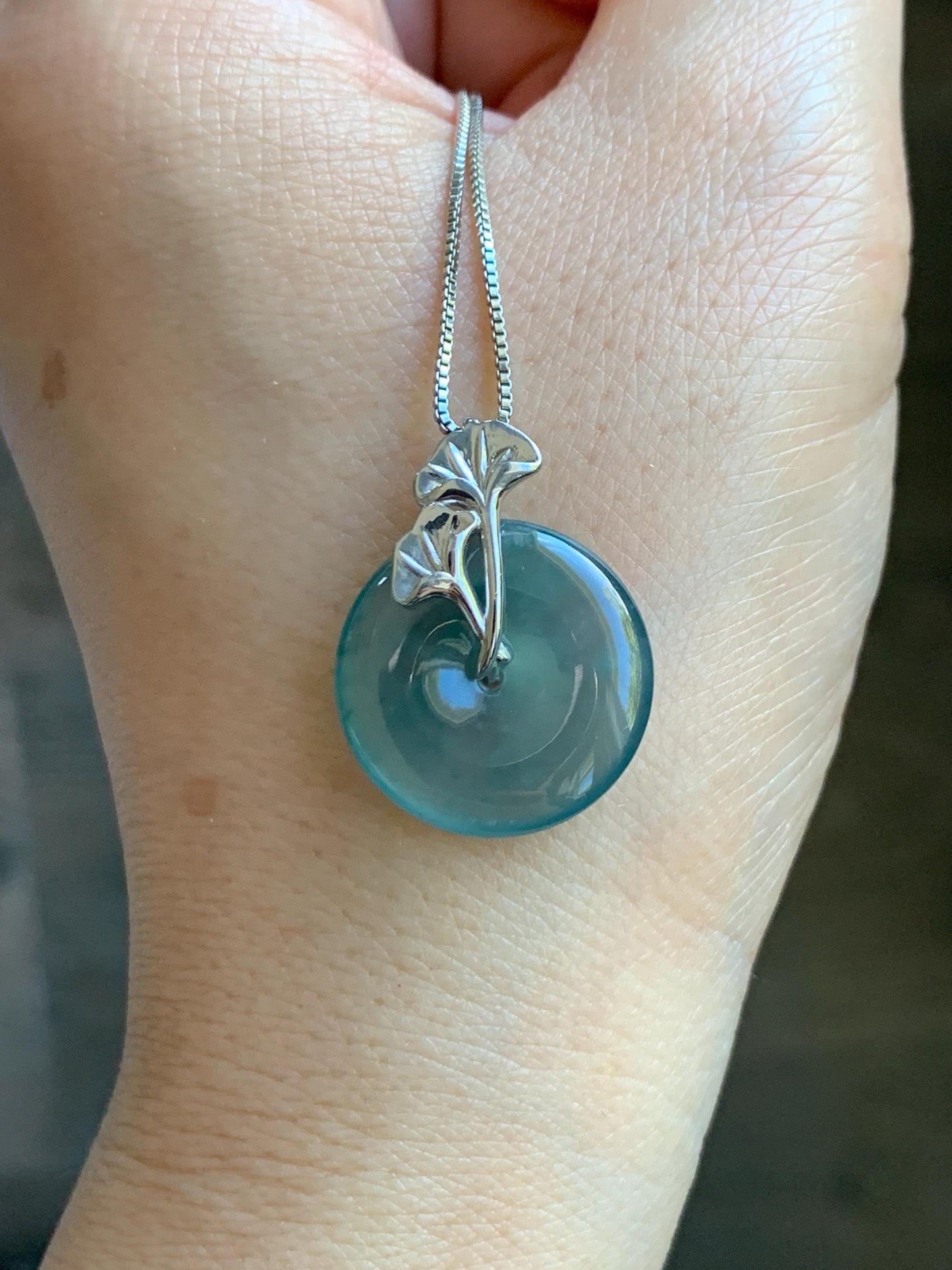 Certified Natural Grade A Guatemalan Icy Translucent Dark Teal Jadeite Ping An Kou Donut Ginkgo Pendant Sterling Silver 天然冰危蓝绿翡翠平安扣吊坠 3764
