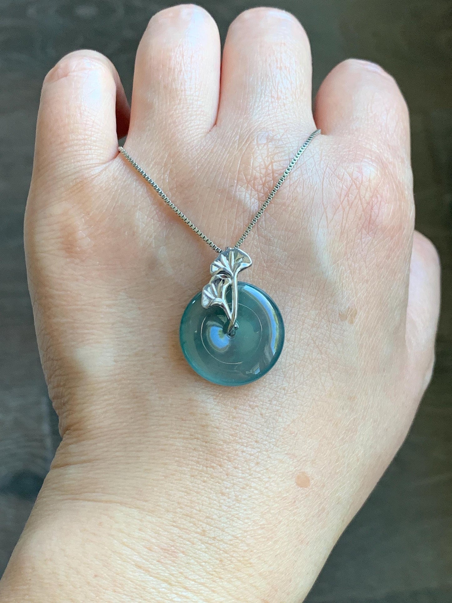 Certified Natural Grade A Guatemalan Icy Translucent Dark Teal Jadeite Ping An Kou Donut Ginkgo Pendant Sterling Silver 天然冰危蓝绿翡翠平安扣吊坠 3764