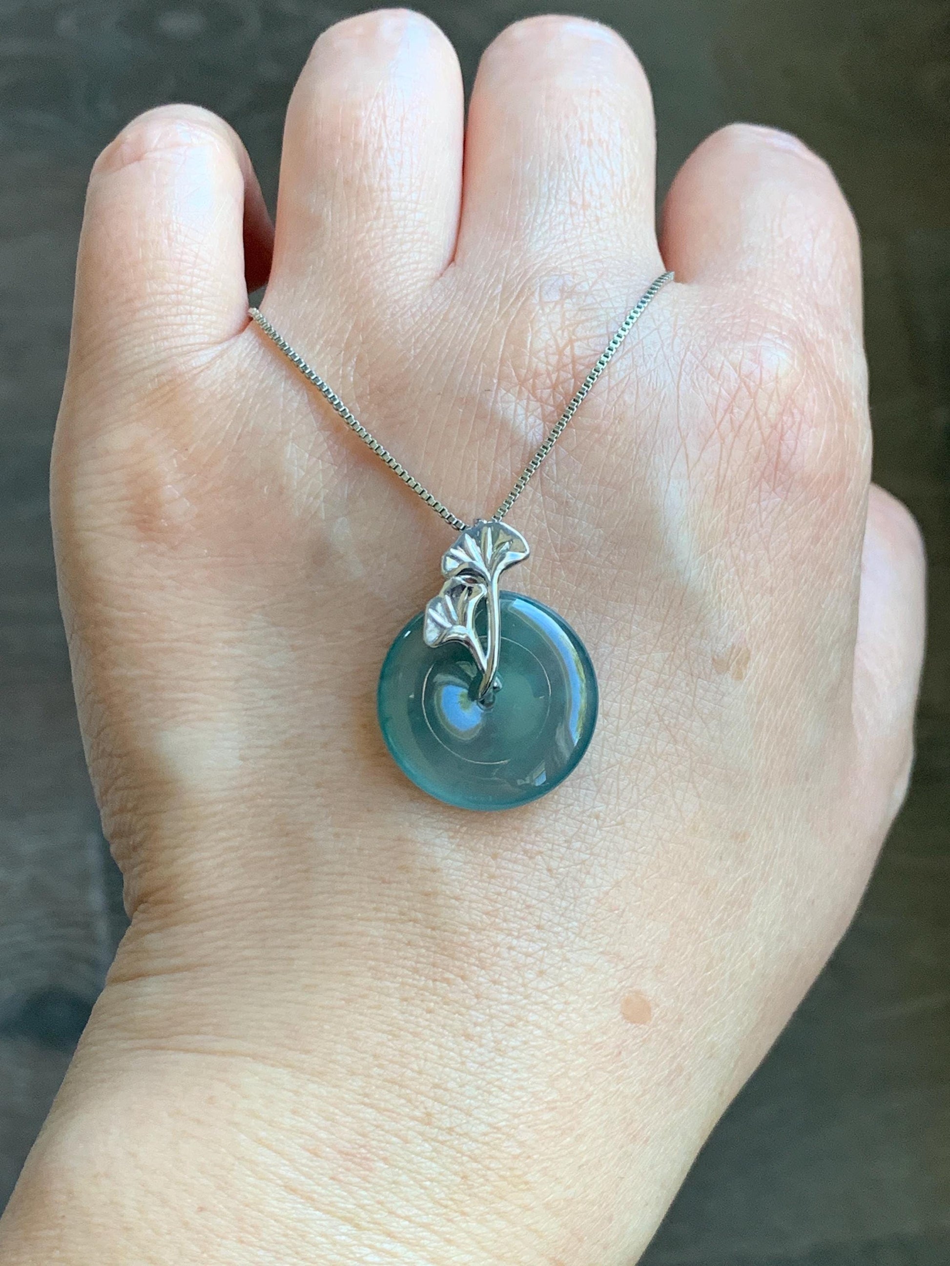 Certified Natural Grade A Guatemalan Icy Translucent Dark Teal Jadeite Ping An Kou Donut Ginkgo Pendant Sterling Silver 天然冰危蓝绿翡翠平安扣吊坠 3764