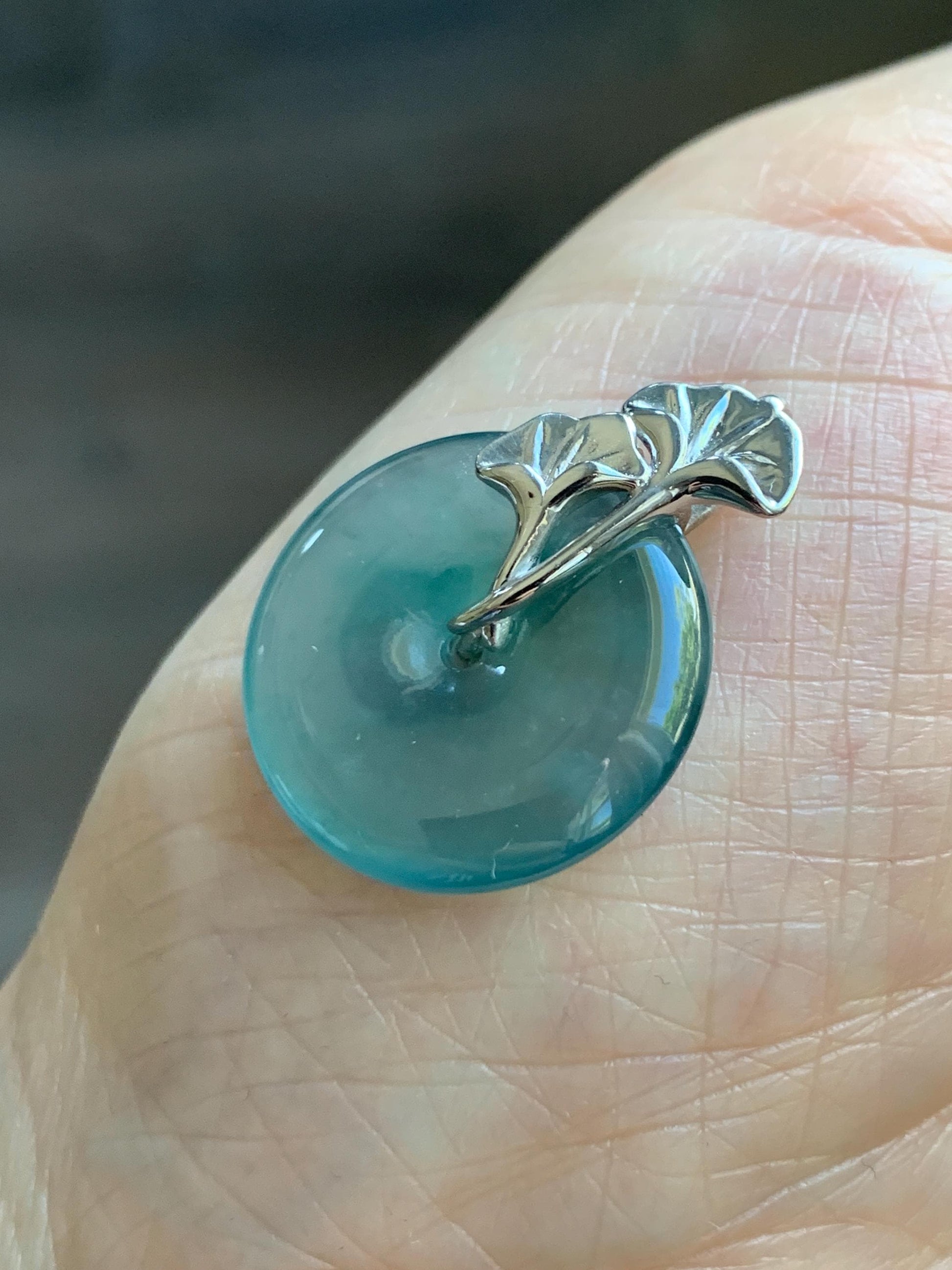 Certified Natural Grade A Guatemalan Icy Translucent Dark Teal Jadeite Ping An Kou Donut Ginkgo Pendant Sterling Silver 天然冰危蓝绿翡翠平安扣吊坠 3764