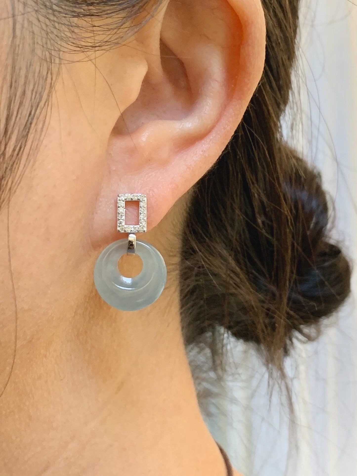 Natural Grade A Guatemalan Icy Translucent Pastel Dusty Blue Jade Jadeite Donut Stud Earrings Sterling Silver 天然冰危淡蓝翡翠公主扣耳包 WGZ77