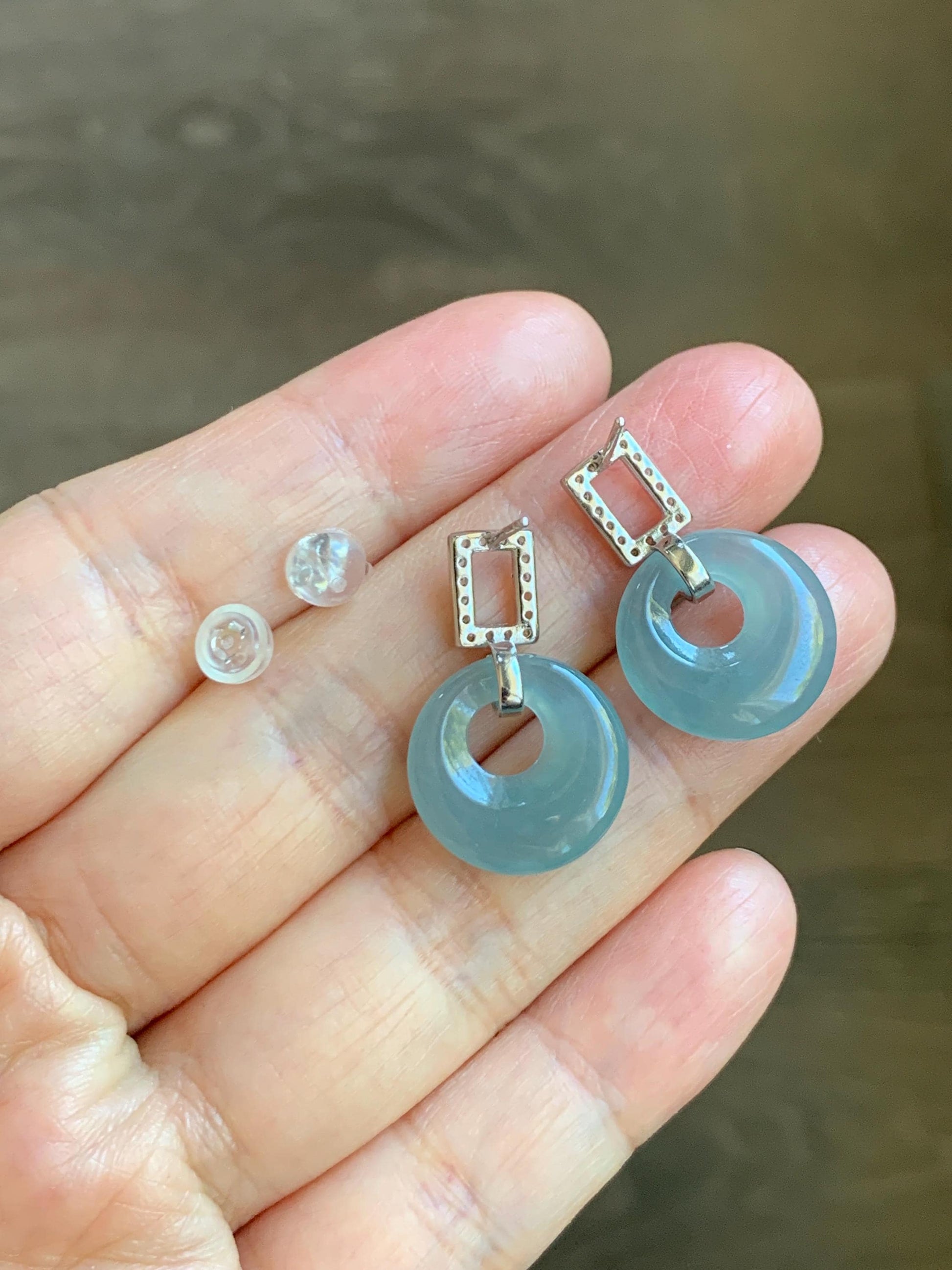 Natural Grade A Guatemalan Icy Translucent Pastel Dusty Blue Jade Jadeite Donut Stud Earrings Sterling Silver 天然冰危淡蓝翡翠公主扣耳包 WGZ77