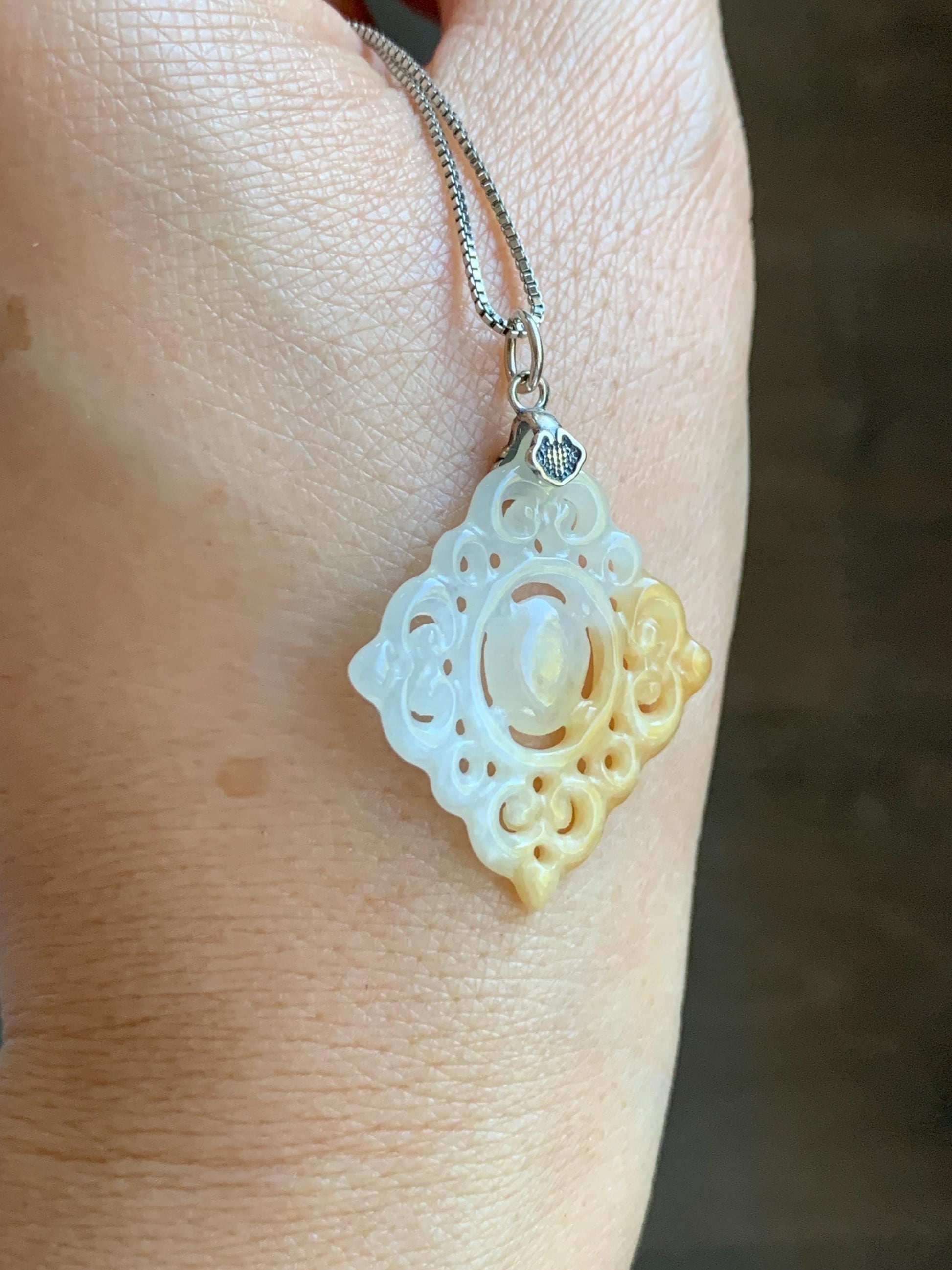 Natural Grade A Icy Translucent White Yellow Marbled Jade Jadeite Openwork Engraved Diamond Pendant Sterling Silver 天然冰白飘黄翡翠双面雕吊坠 FGD95Y