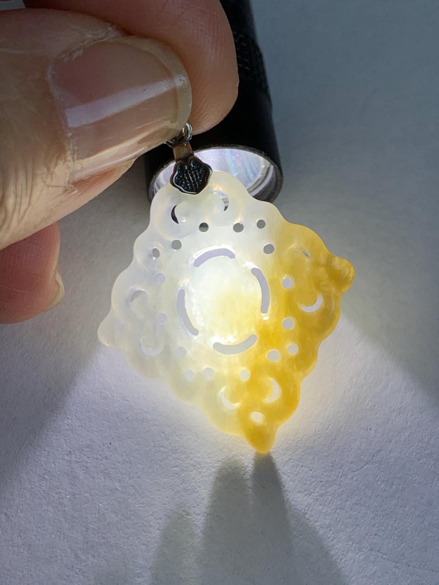 Natural Grade A Icy Translucent White Yellow Marbled Jade Jadeite Openwork Engraved Diamond Pendant Sterling Silver 天然冰白飘黄翡翠双面雕吊坠 FGD95Y