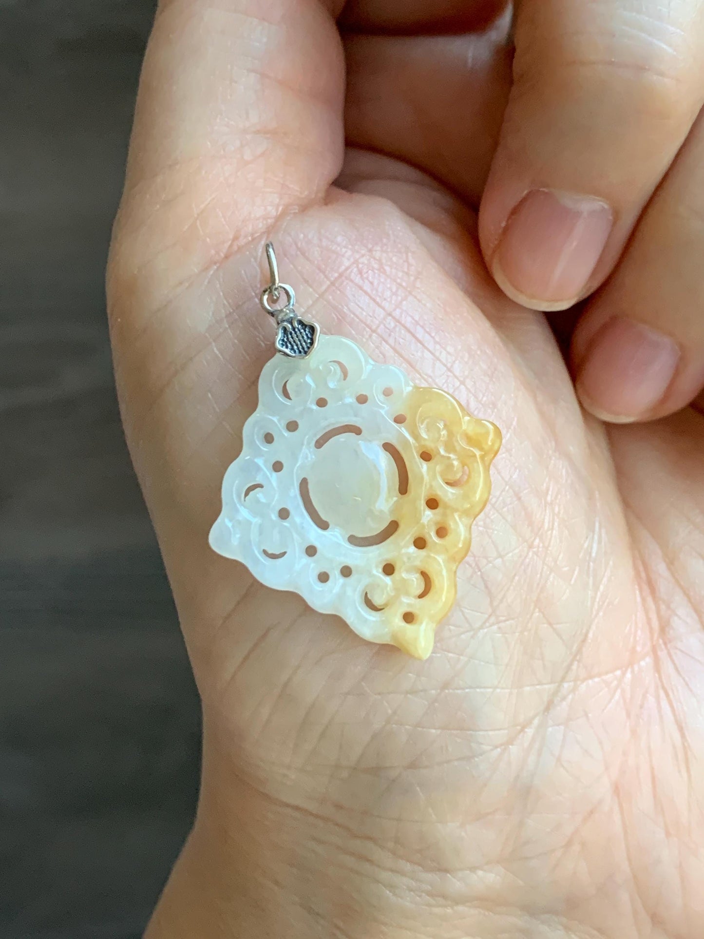 Natural Grade A Icy Translucent White Yellow Marbled Jade Jadeite Openwork Engraved Diamond Pendant Sterling Silver 天然冰白飘黄翡翠双面雕吊坠 FGD95Y