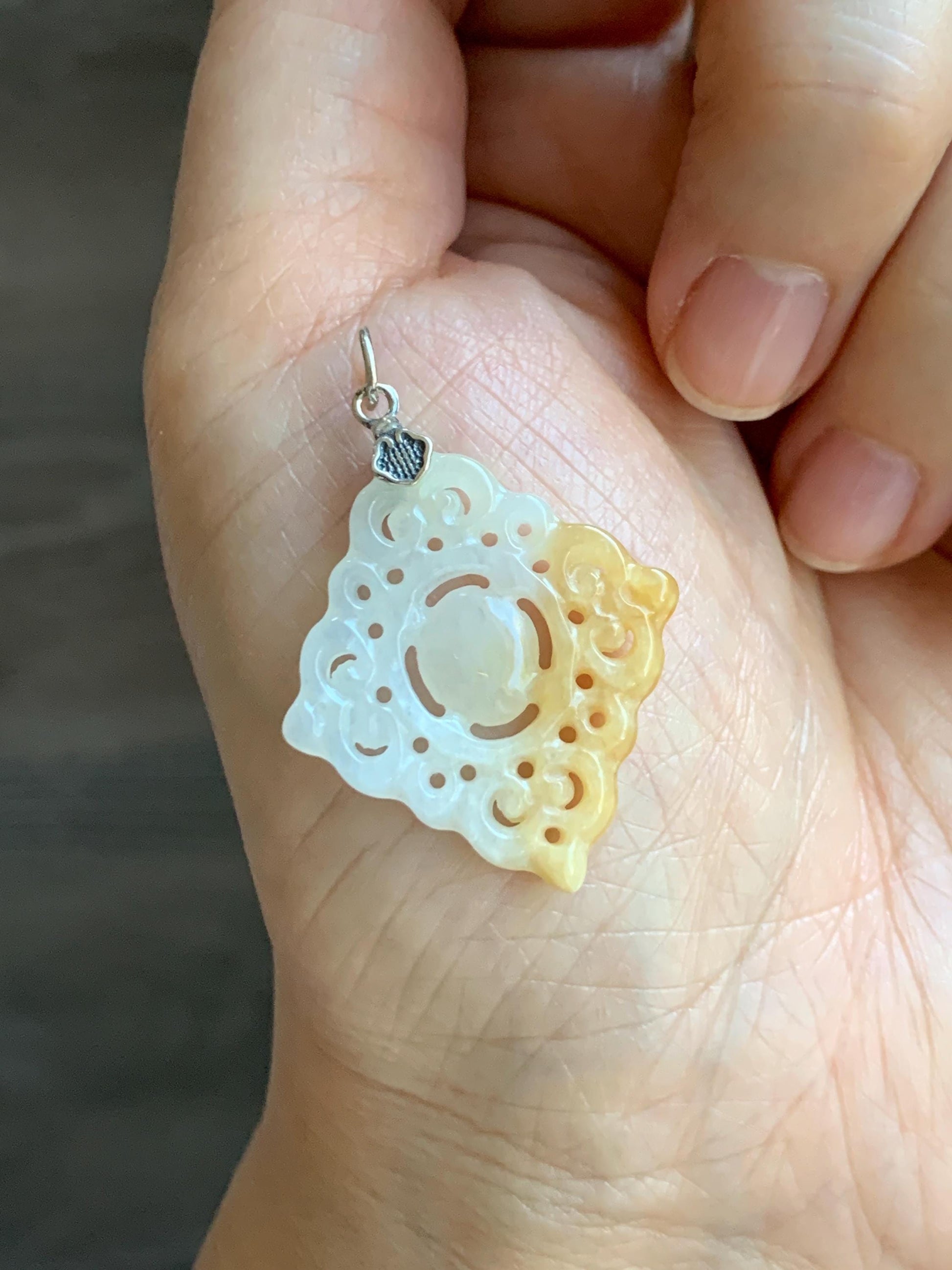 Natural Grade A Icy Translucent White Yellow Marbled Jade Jadeite Openwork Engraved Diamond Pendant Sterling Silver 天然冰白飘黄翡翠双面雕吊坠 FGD95Y