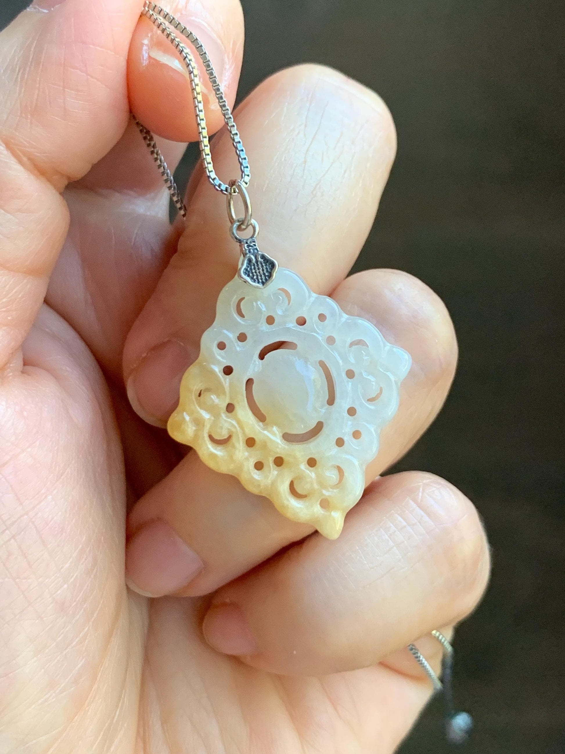 Natural Grade A Icy Translucent White Yellow Marbled Jade Jadeite Openwork Engraved Diamond Pendant Sterling Silver 天然冰白飘黄翡翠双面雕吊坠 FGD95Y