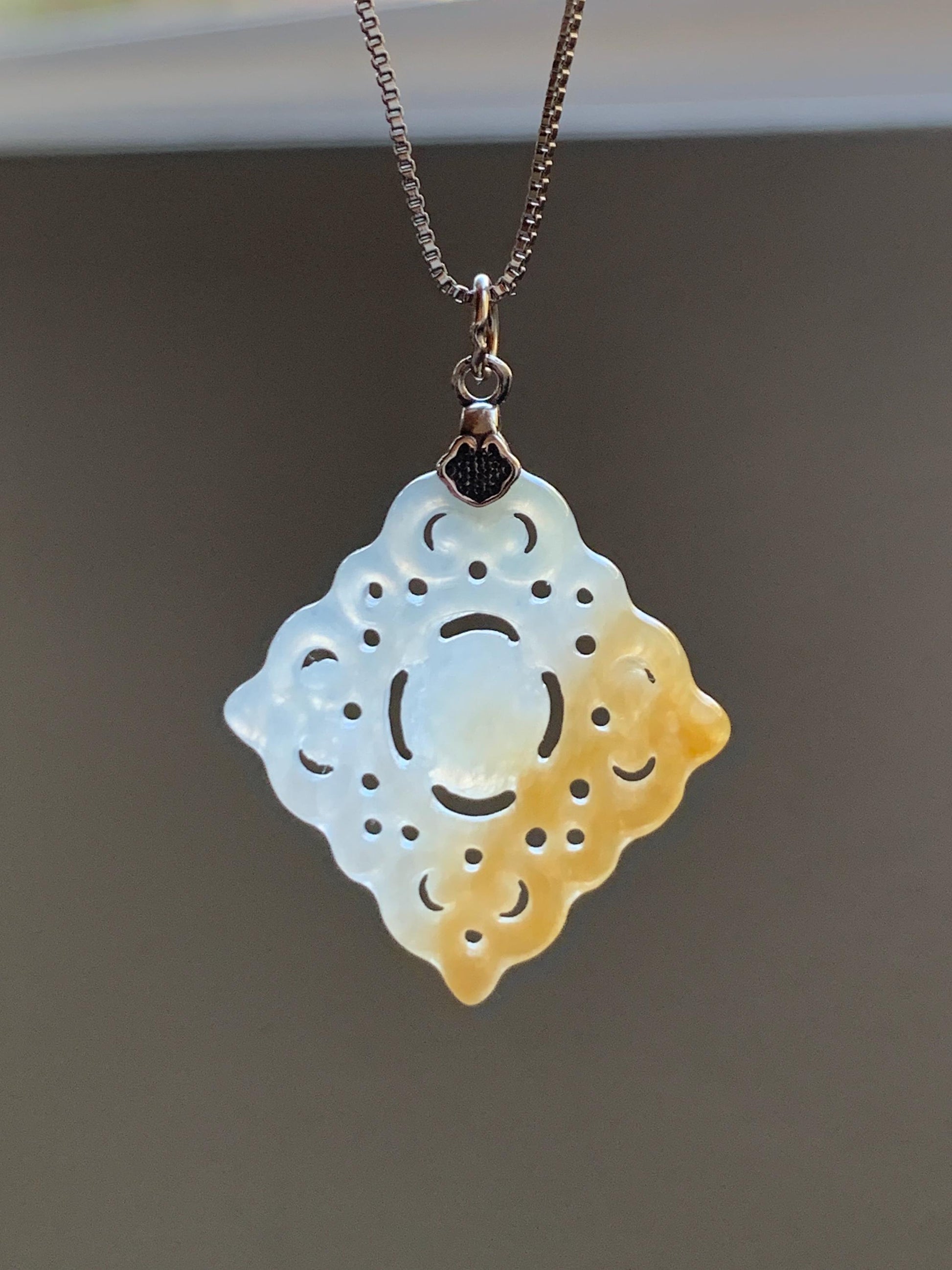 Natural Grade A Icy Translucent White Yellow Marbled Jade Jadeite Openwork Engraved Diamond Pendant Sterling Silver 天然冰白飘黄翡翠双面雕吊坠 FGD95Y