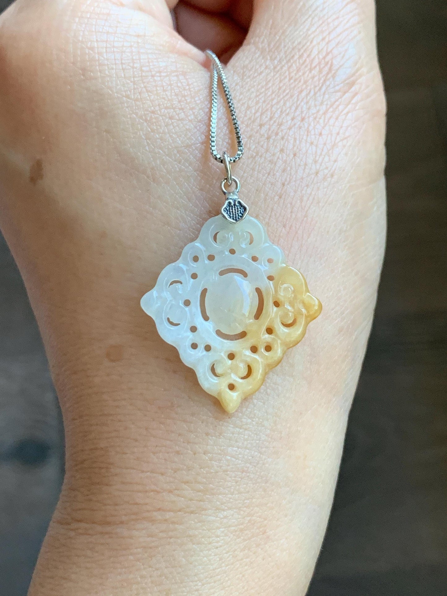Natural Grade A Icy Translucent White Yellow Marbled Jade Jadeite Openwork Engraved Diamond Pendant Sterling Silver 天然冰白飘黄翡翠双面雕吊坠 FGD95Y