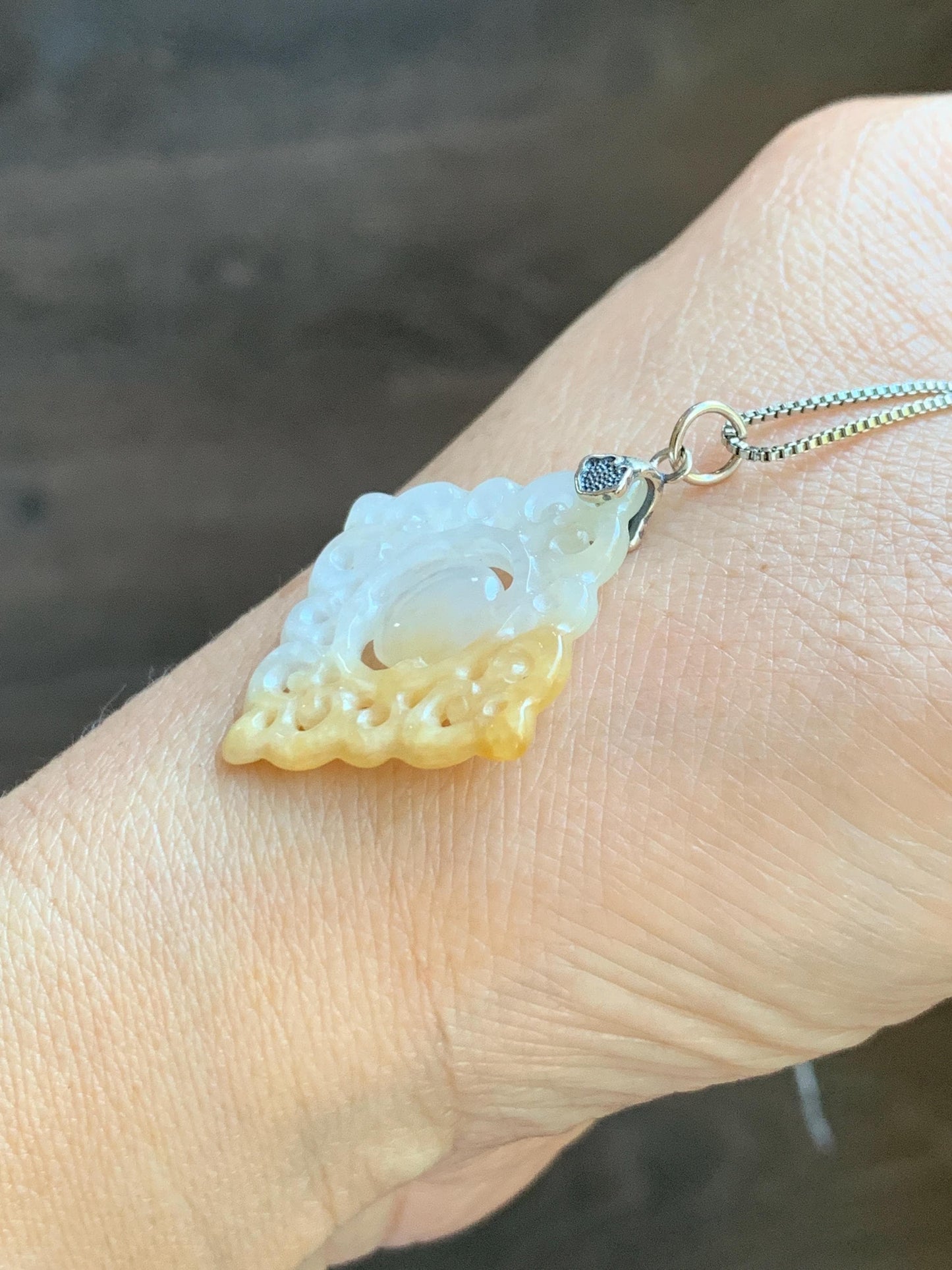 Natural Grade A Icy Translucent White Yellow Marbled Jade Jadeite Openwork Engraved Diamond Pendant Sterling Silver 天然冰白飘黄翡翠双面雕吊坠 FGD95Y