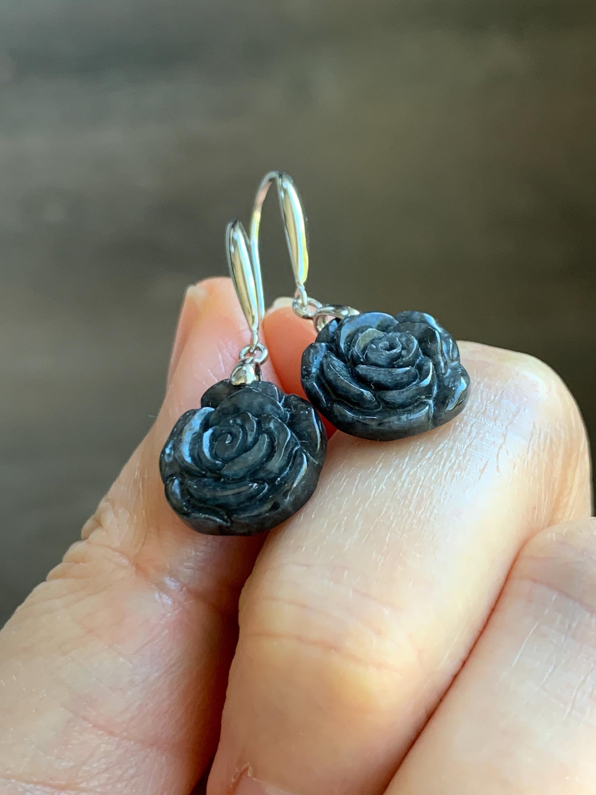 Natural Grade A Icy Translucent Dark Wuji Jade Jadeite Carved Rose Dangle Earrings Sterling Silver 天然冰乌鸡翡翠玫瑰花耳钩 MWJR90