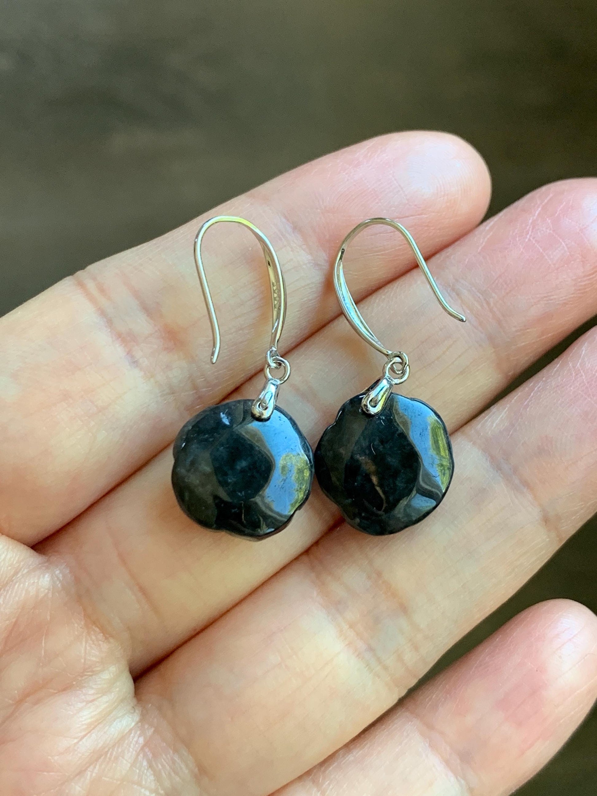 Natural Grade A Icy Translucent Dark Wuji Jade Jadeite Carved Rose Dangle Earrings Sterling Silver 天然冰乌鸡翡翠玫瑰花耳钩 MWJR90