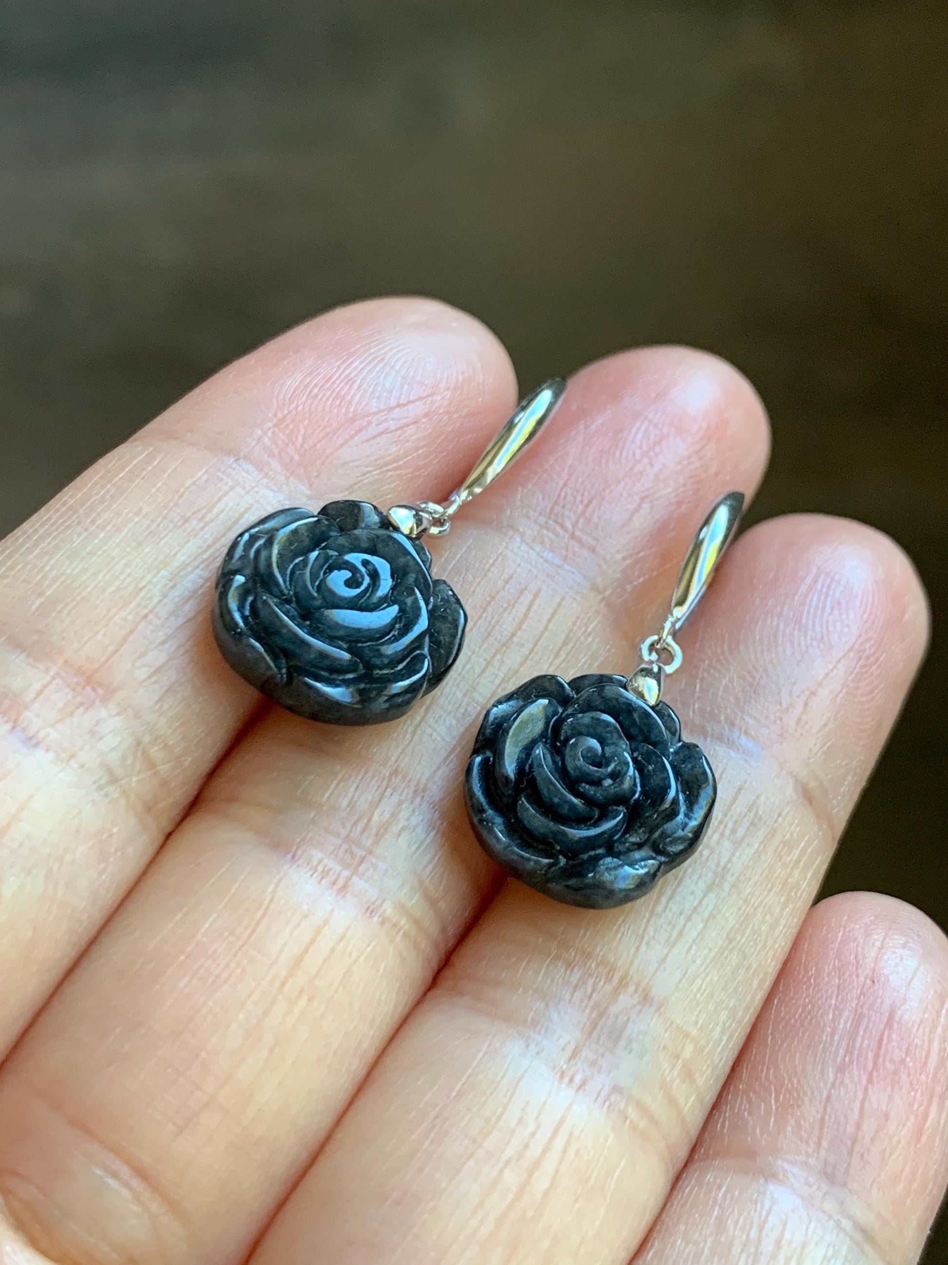 Natural Grade A Icy Translucent Dark Wuji Jade Jadeite Carved Rose Dangle Earrings Sterling Silver 天然冰乌鸡翡翠玫瑰花耳钩 MWJR90