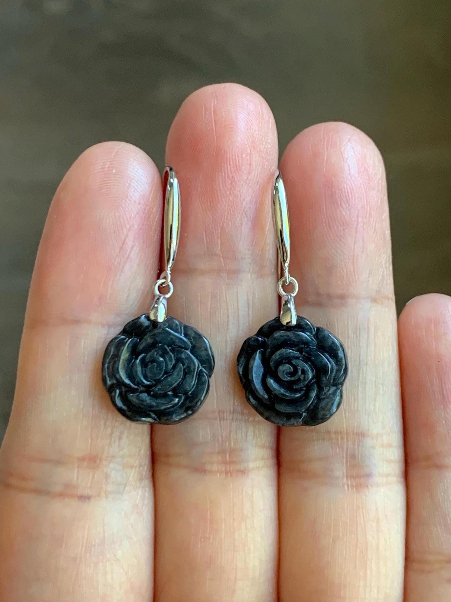 Natural Grade A Icy Translucent Dark Wuji Jade Jadeite Carved Rose Dangle Earrings Sterling Silver 天然冰乌鸡翡翠玫瑰花耳钩 MWJR90