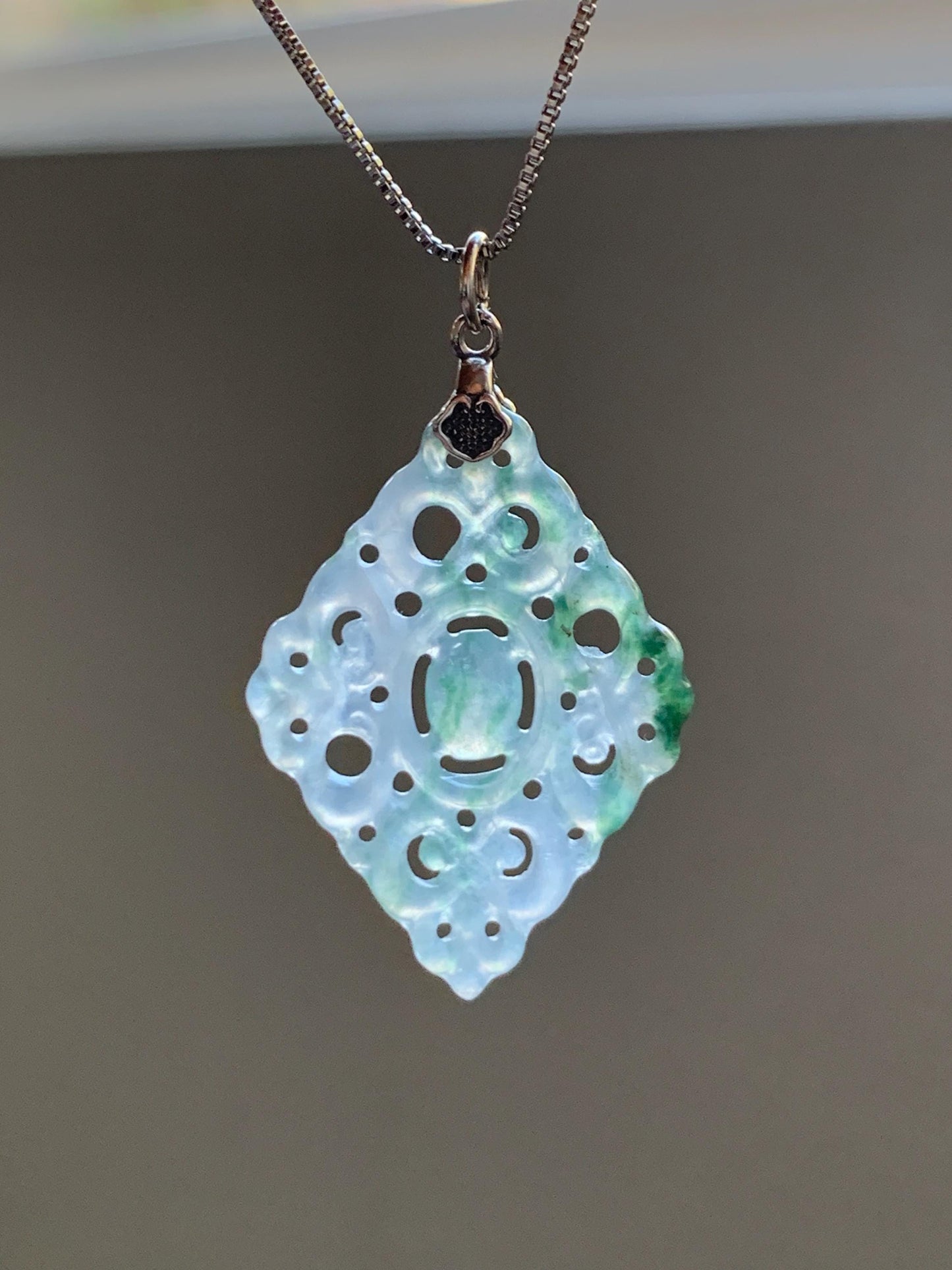 Natural Grade A Icy Translucent White Green Marbled Jade Jadeite Openwork Engraved Diamond Pendant Sterling Silver 天然冰白飘绿花翡翠双面雕吊坠 FGD95G