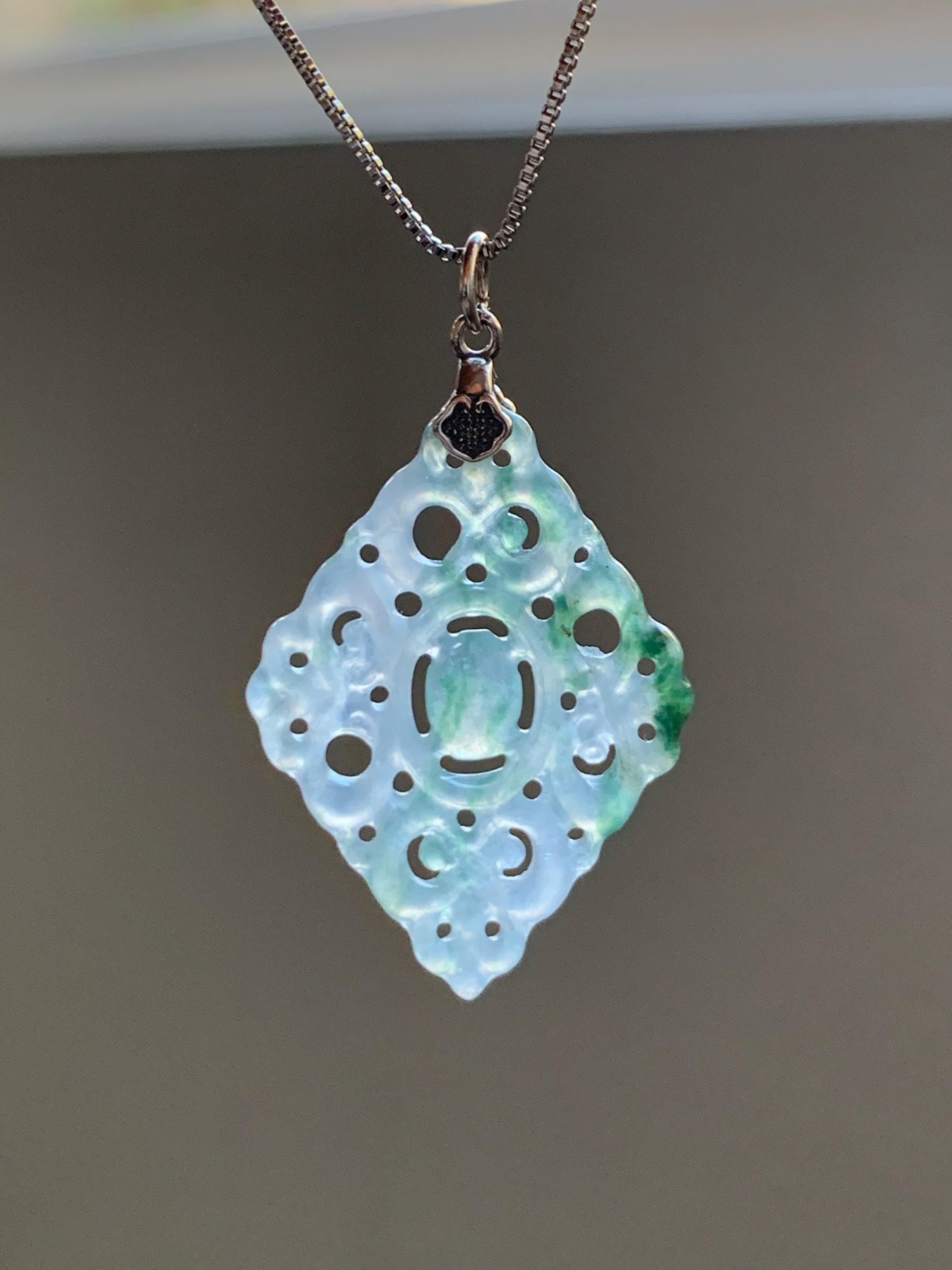 Natural Grade A Icy Translucent White Green Marbled Jade Jadeite Openwork Engraved Diamond Pendant Sterling Silver 天然冰白飘绿花翡翠双面雕吊坠 FGD95G