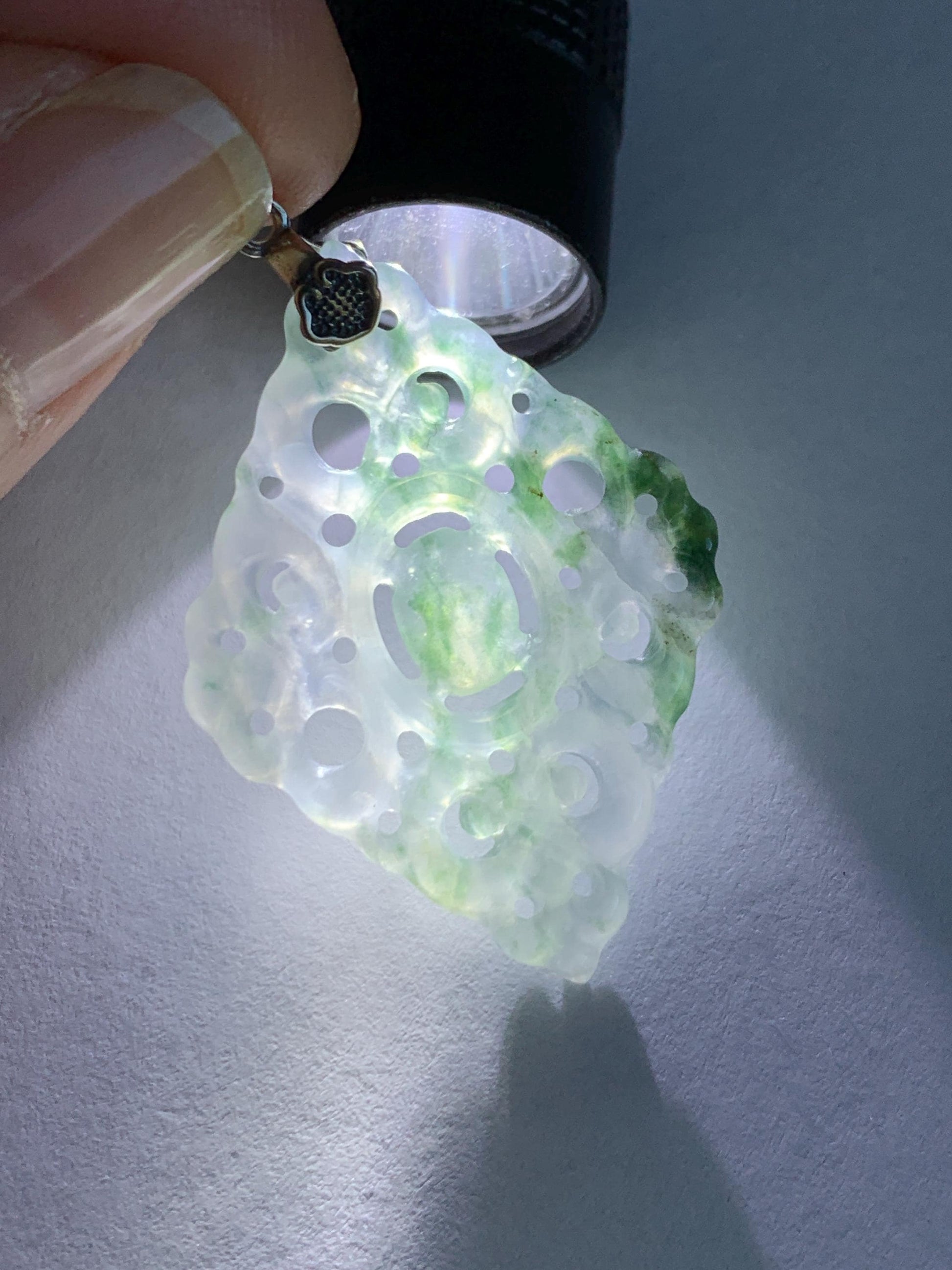 Natural Grade A Icy Translucent White Green Marbled Jade Jadeite Openwork Engraved Diamond Pendant Sterling Silver 天然冰白飘绿花翡翠双面雕吊坠 FGD95G