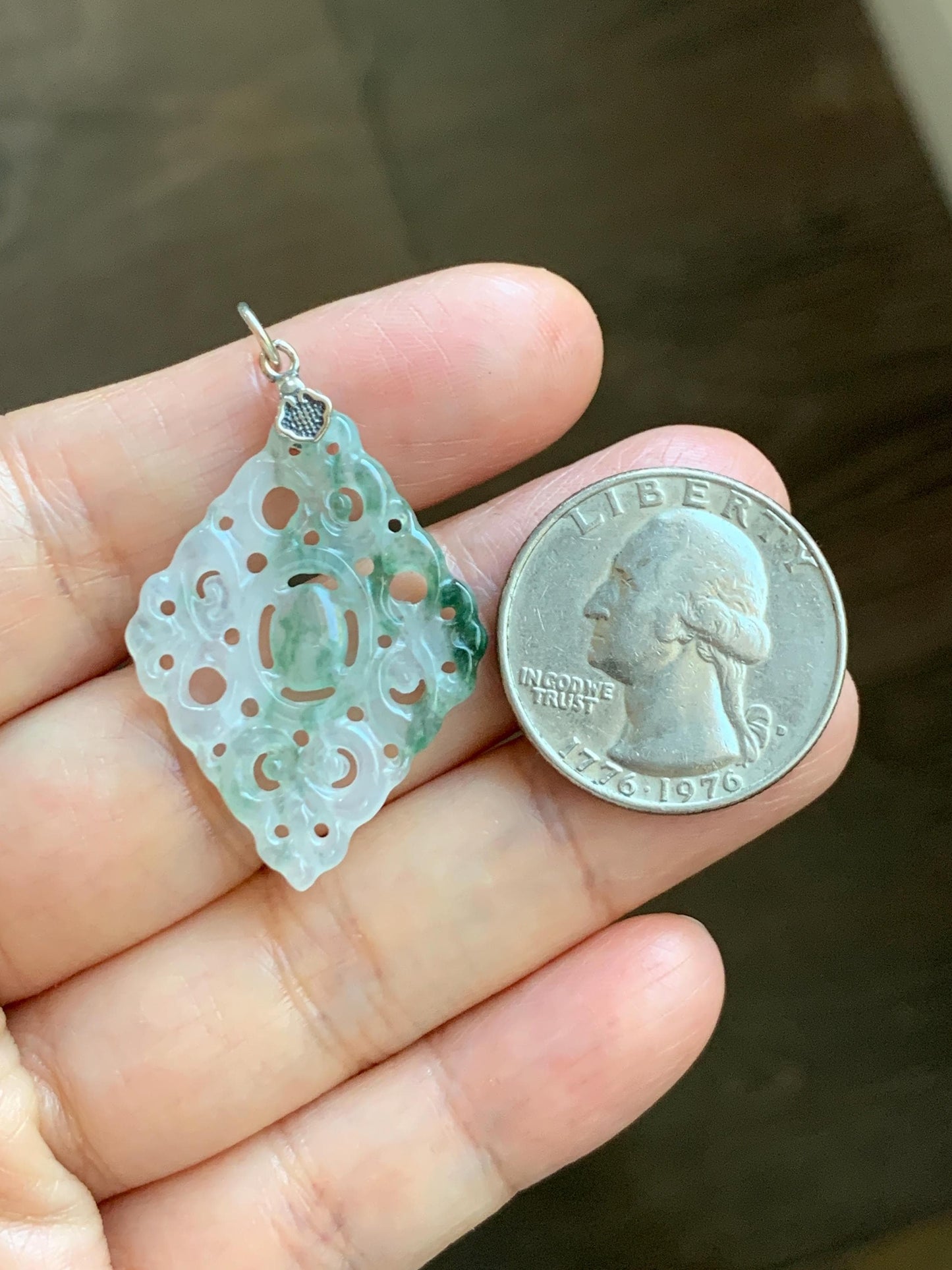 Natural Grade A Icy Translucent White Green Marbled Jade Jadeite Openwork Engraved Diamond Pendant Sterling Silver 天然冰白飘绿花翡翠双面雕吊坠 FGD95G