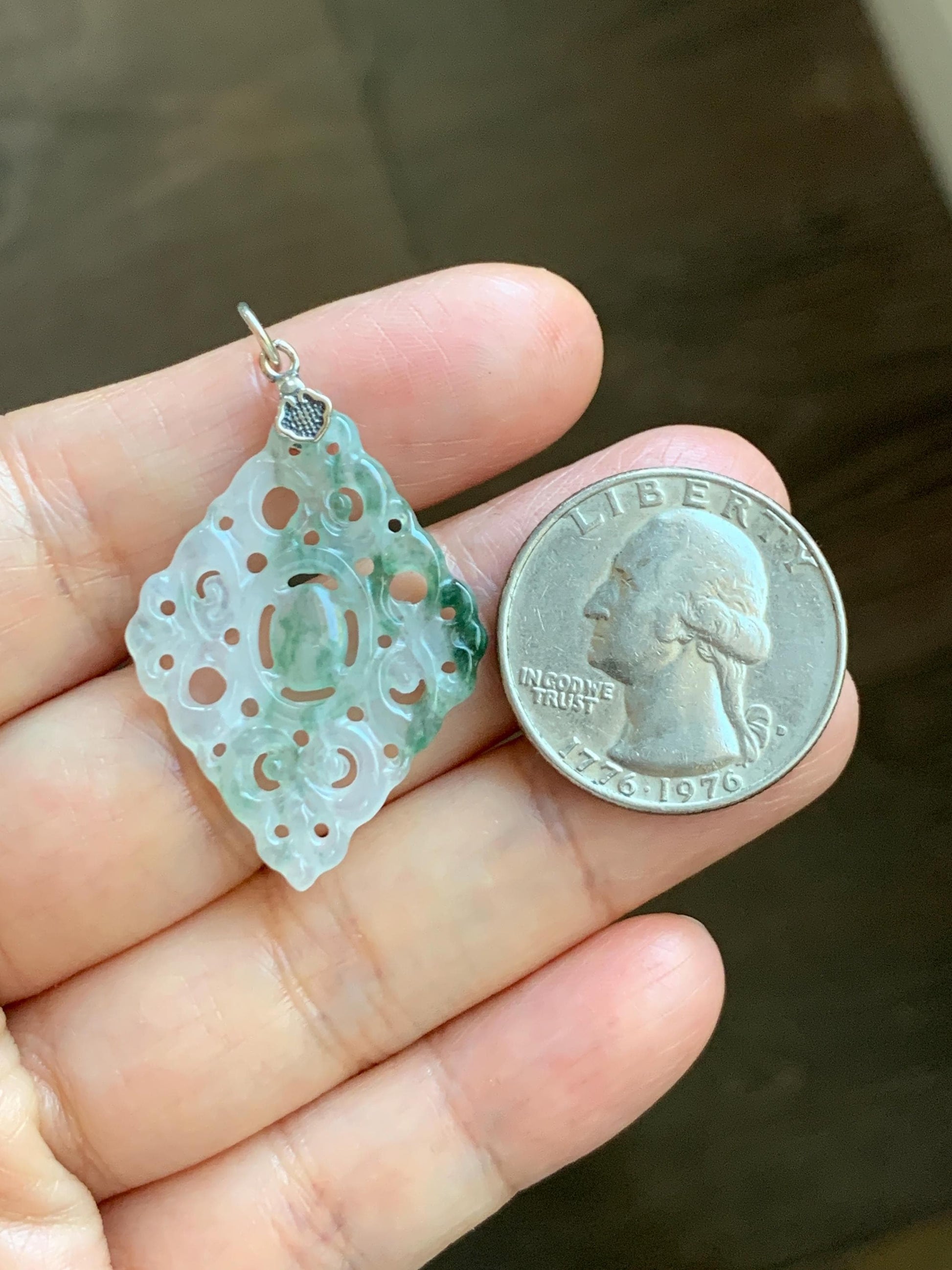 Natural Grade A Icy Translucent White Green Marbled Jade Jadeite Openwork Engraved Diamond Pendant Sterling Silver 天然冰白飘绿花翡翠双面雕吊坠 FGD95G