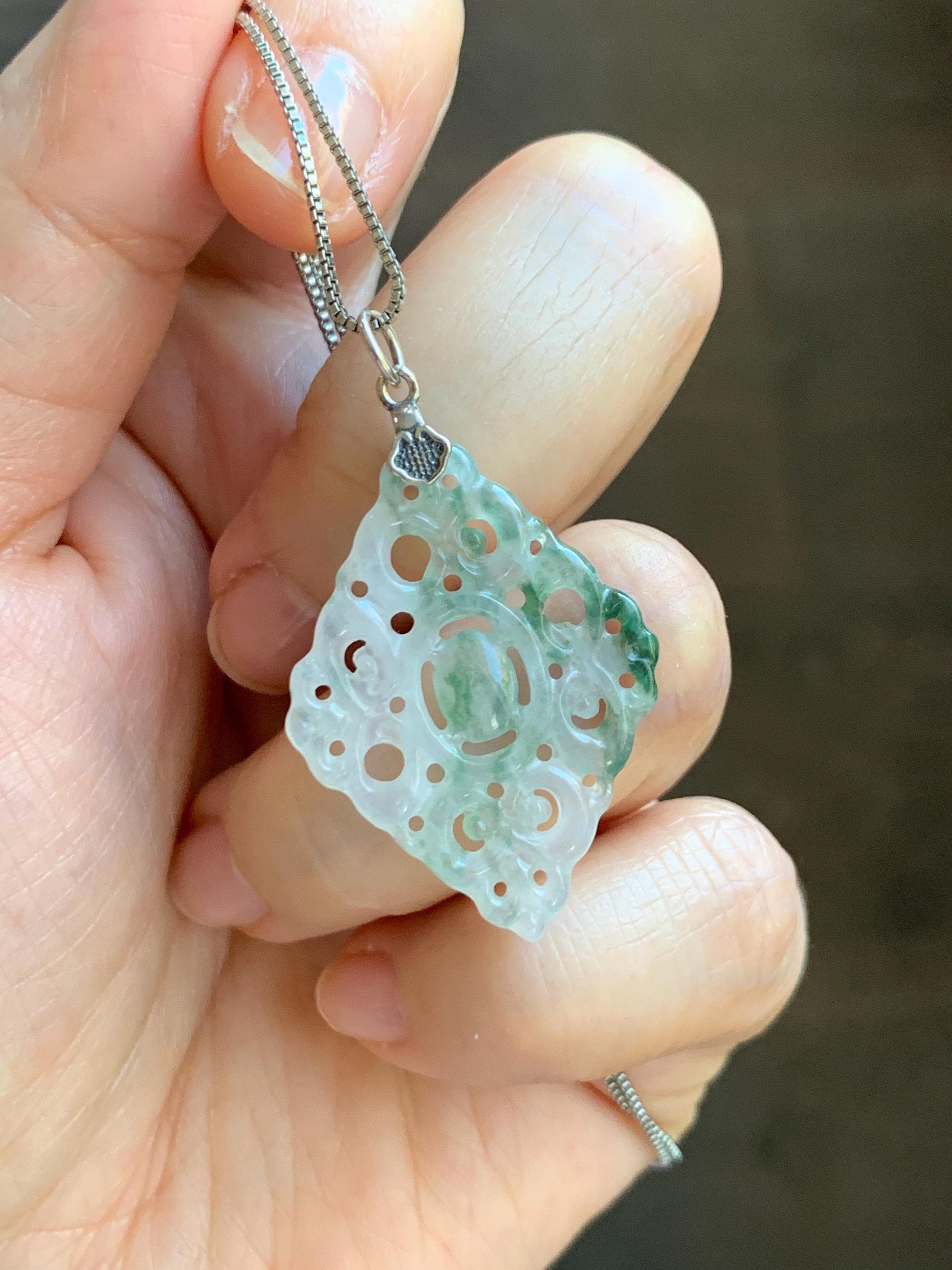 Natural Grade A Icy Translucent White Green Marbled Jade Jadeite Openwork Engraved Diamond Pendant Sterling Silver 天然冰白飘绿花翡翠双面雕吊坠 FGD95G
