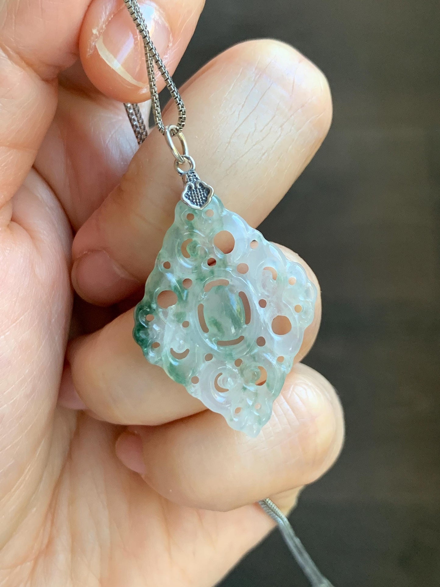 Natural Grade A Icy Translucent White Green Marbled Jade Jadeite Openwork Engraved Diamond Pendant Sterling Silver 天然冰白飘绿花翡翠双面雕吊坠 FGD95G