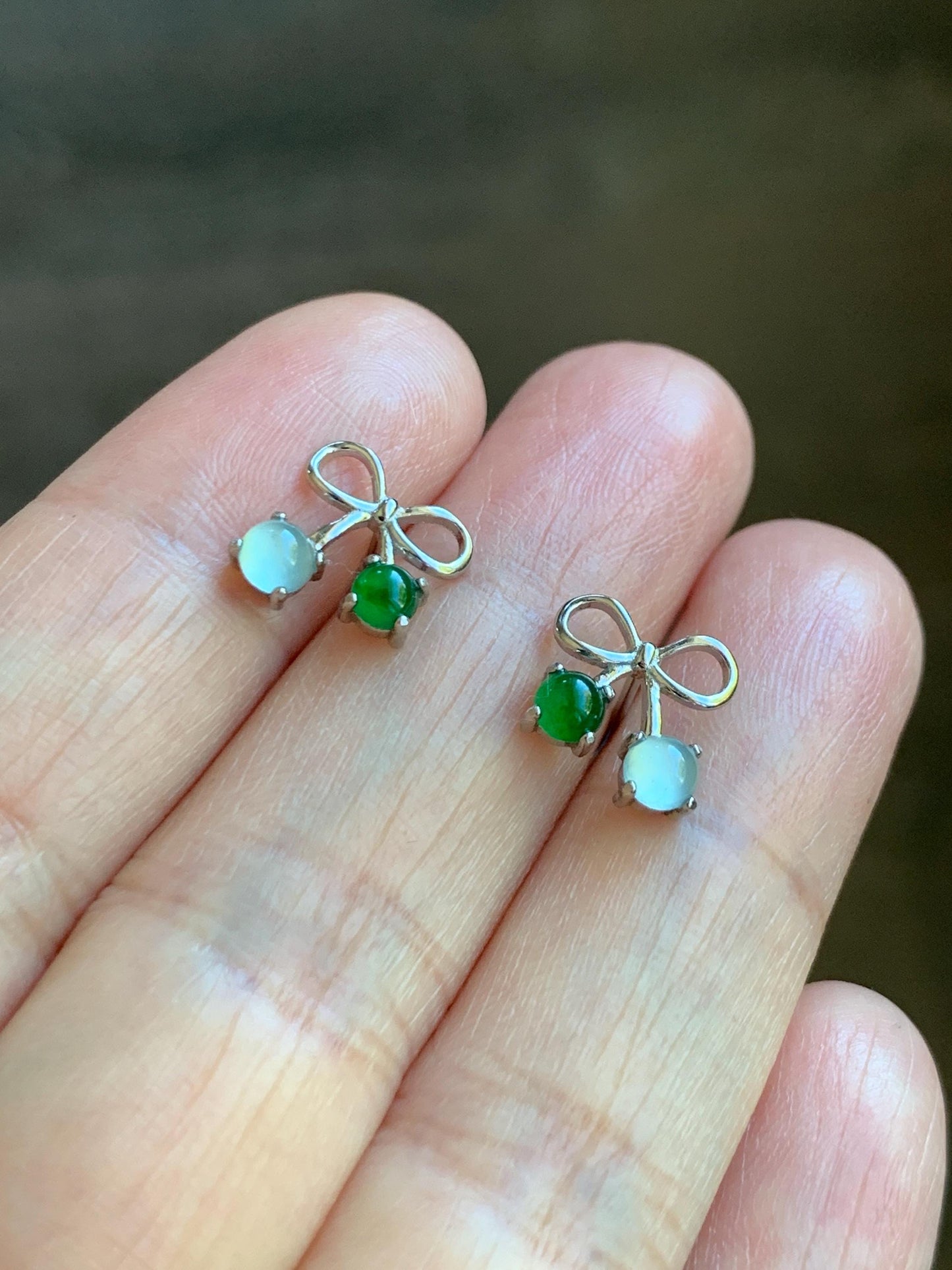 Natural Guatemalan Grade A Icy Highly Translucent Pale Blue Vibrant Green Jade Jadeite Bow Earrings Sterling Silver 天然冰危蓝绿翡翠蝴蝶结耳钉 WSB120A