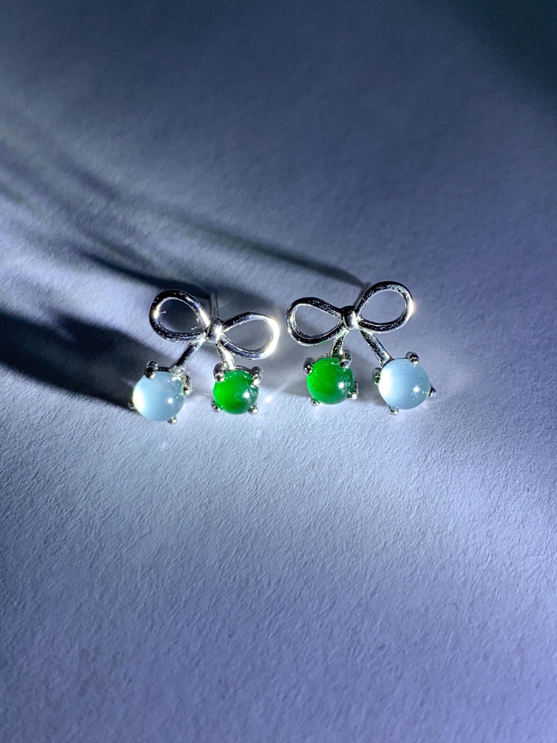 Natural Guatemalan Grade A Icy Highly Translucent Pale Blue Vibrant Green Jade Jadeite Bow Earrings Sterling Silver 天然冰危蓝绿翡翠蝴蝶结耳钉 WSB120A