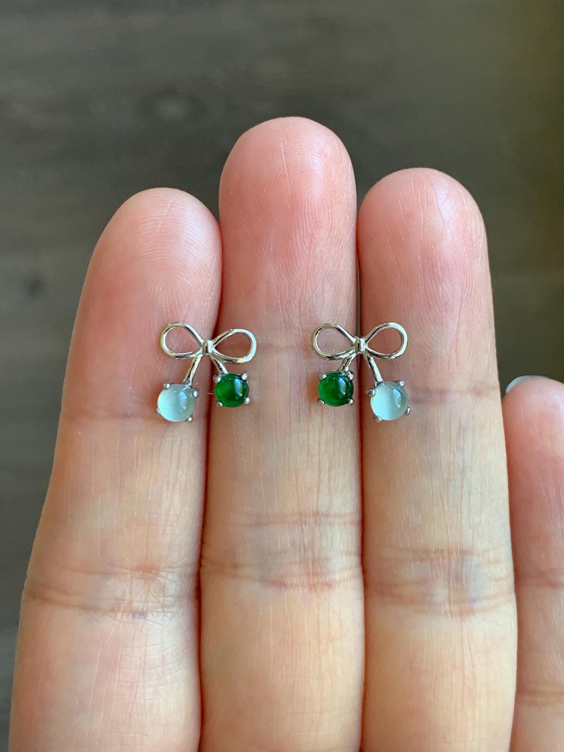 Natural Guatemalan Grade A Icy Highly Translucent Pale Blue Vibrant Green Jade Jadeite Bow Earrings Sterling Silver 天然冰危蓝绿翡翠蝴蝶结耳钉 WSB120A