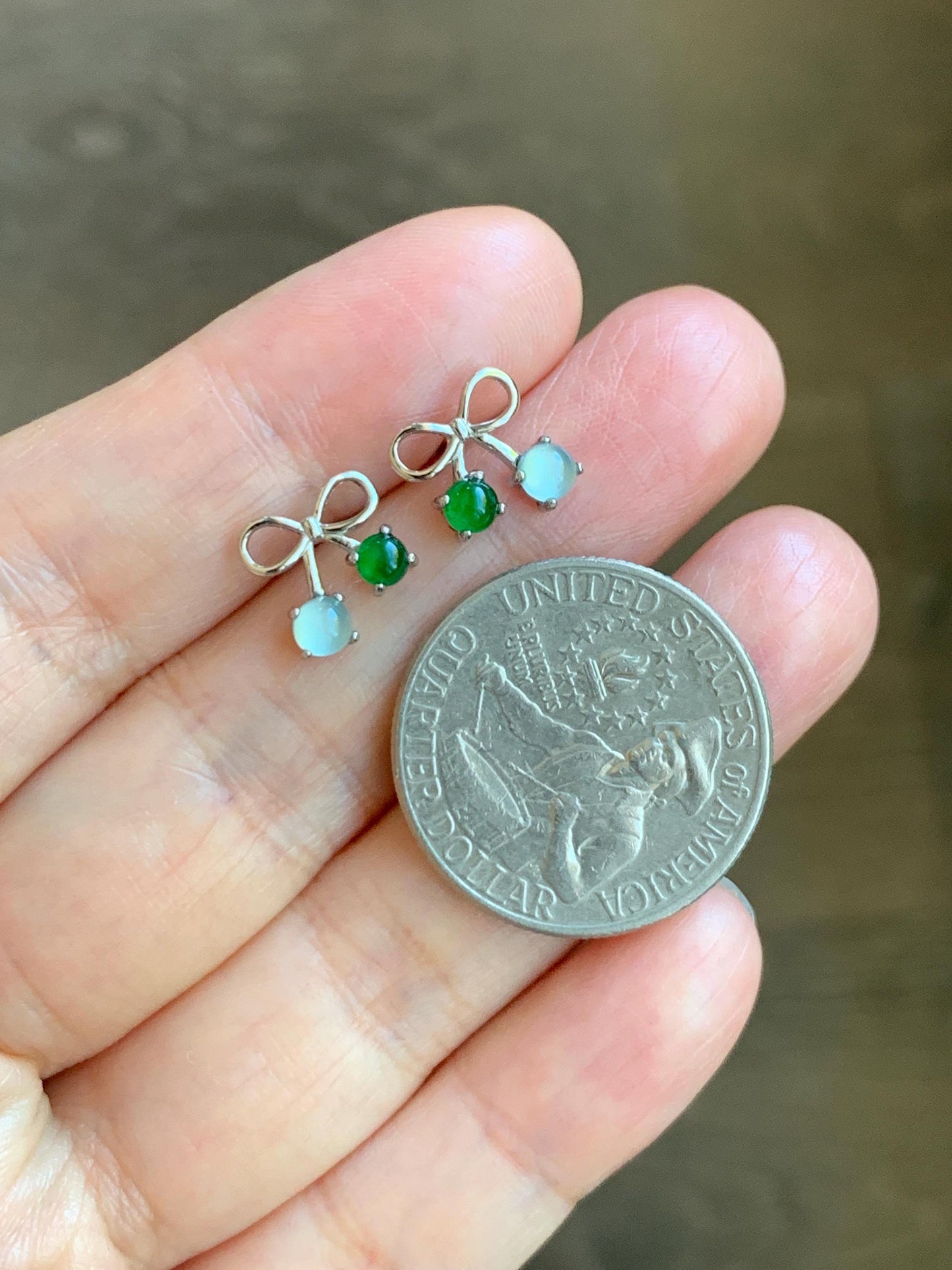 Natural Guatemalan Grade A Icy Highly Translucent Pale Blue Vibrant Green Jade Jadeite Bow Earrings Sterling Silver 天然冰危蓝绿翡翠蝴蝶结耳钉 WSB120A