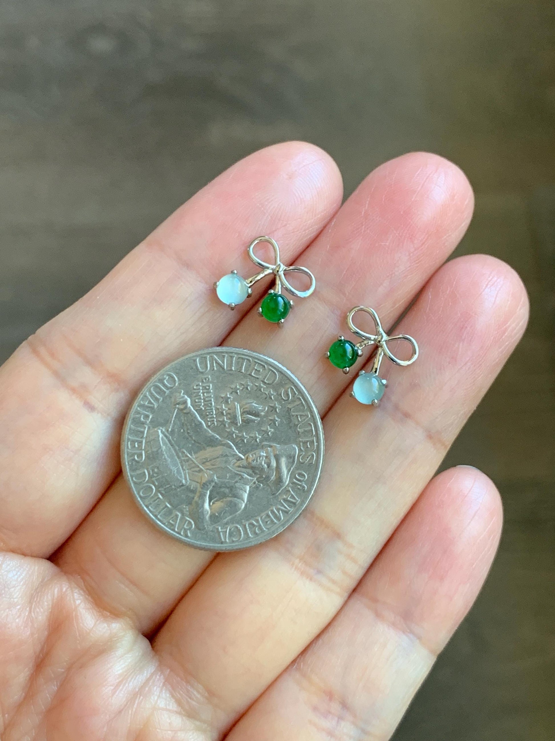 Natural Guatemalan Grade A Icy Highly Translucent Pale Blue Vibrant Green Jade Jadeite Bow Earrings Sterling Silver 天然冰危蓝绿翡翠蝴蝶结耳钉 WSB120B
