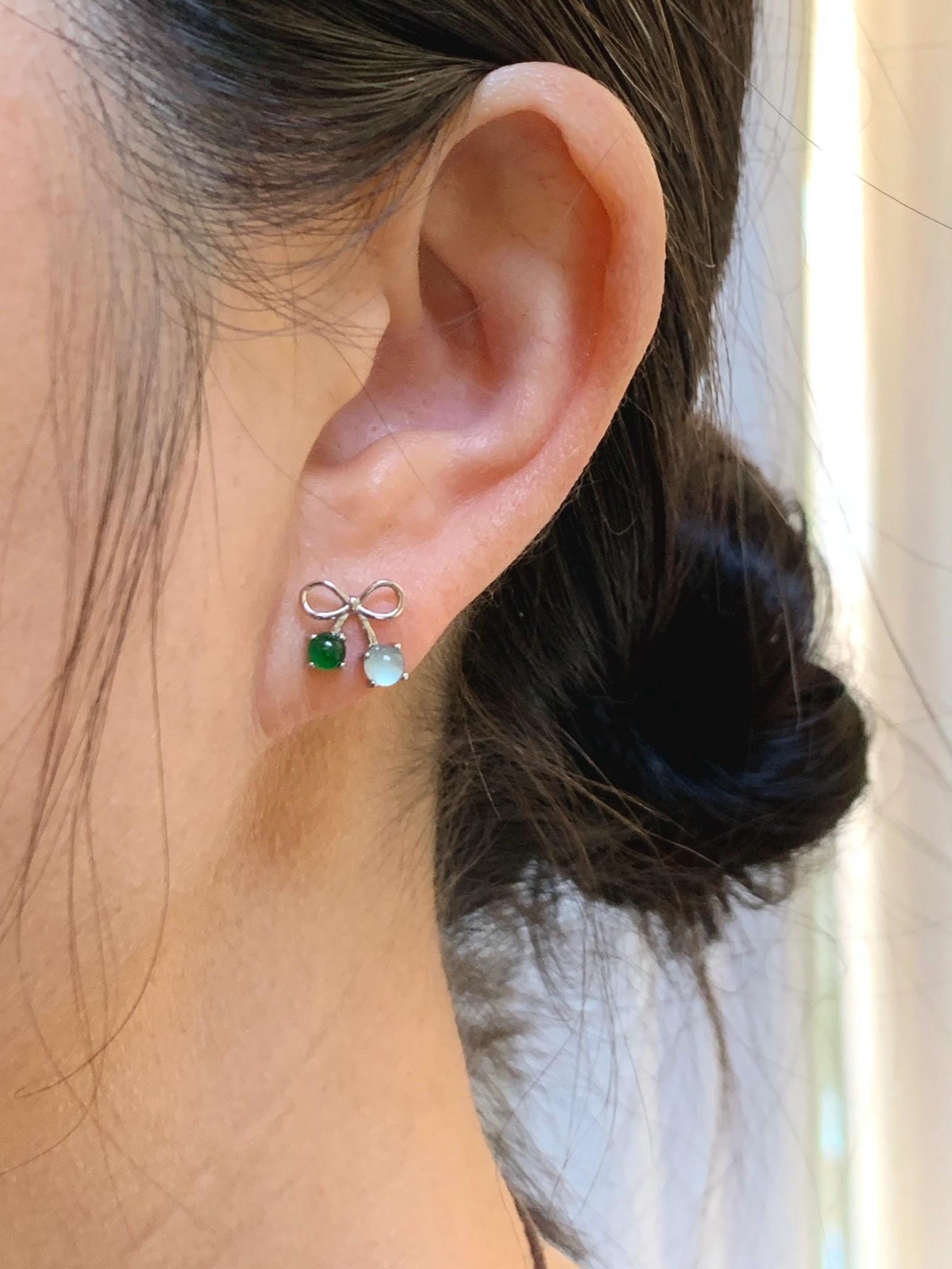 Natural Guatemalan Grade A Icy Highly Translucent Pale Blue Vibrant Green Jade Jadeite Bow Earrings Sterling Silver 天然冰危蓝绿翡翠蝴蝶结耳钉 WSB120B