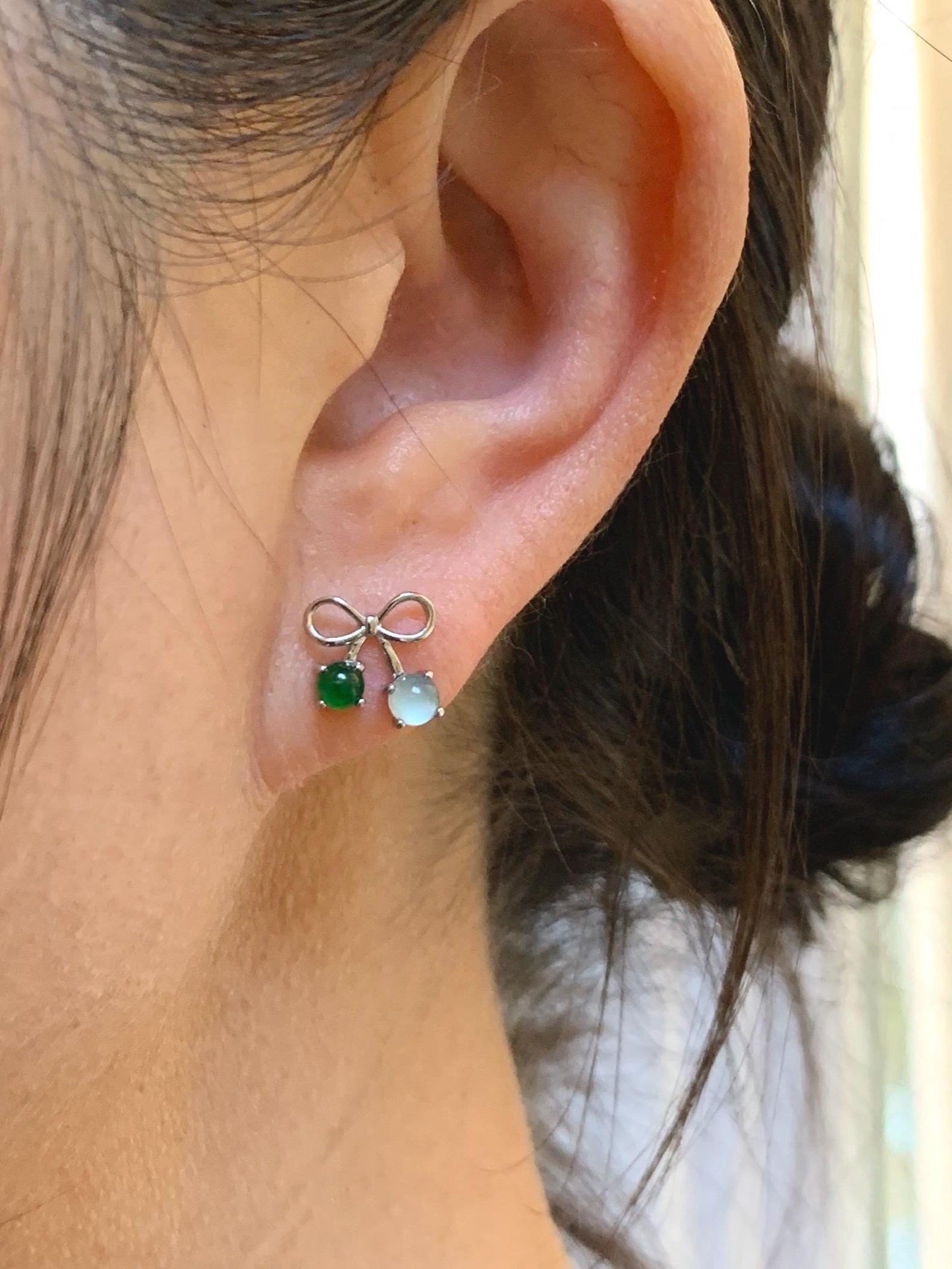 Natural Guatemalan Grade A Icy Highly Translucent Pale Blue Vibrant Green Jade Jadeite Bow Earrings Sterling Silver 天然冰危蓝绿翡翠蝴蝶结耳钉 WSB120B