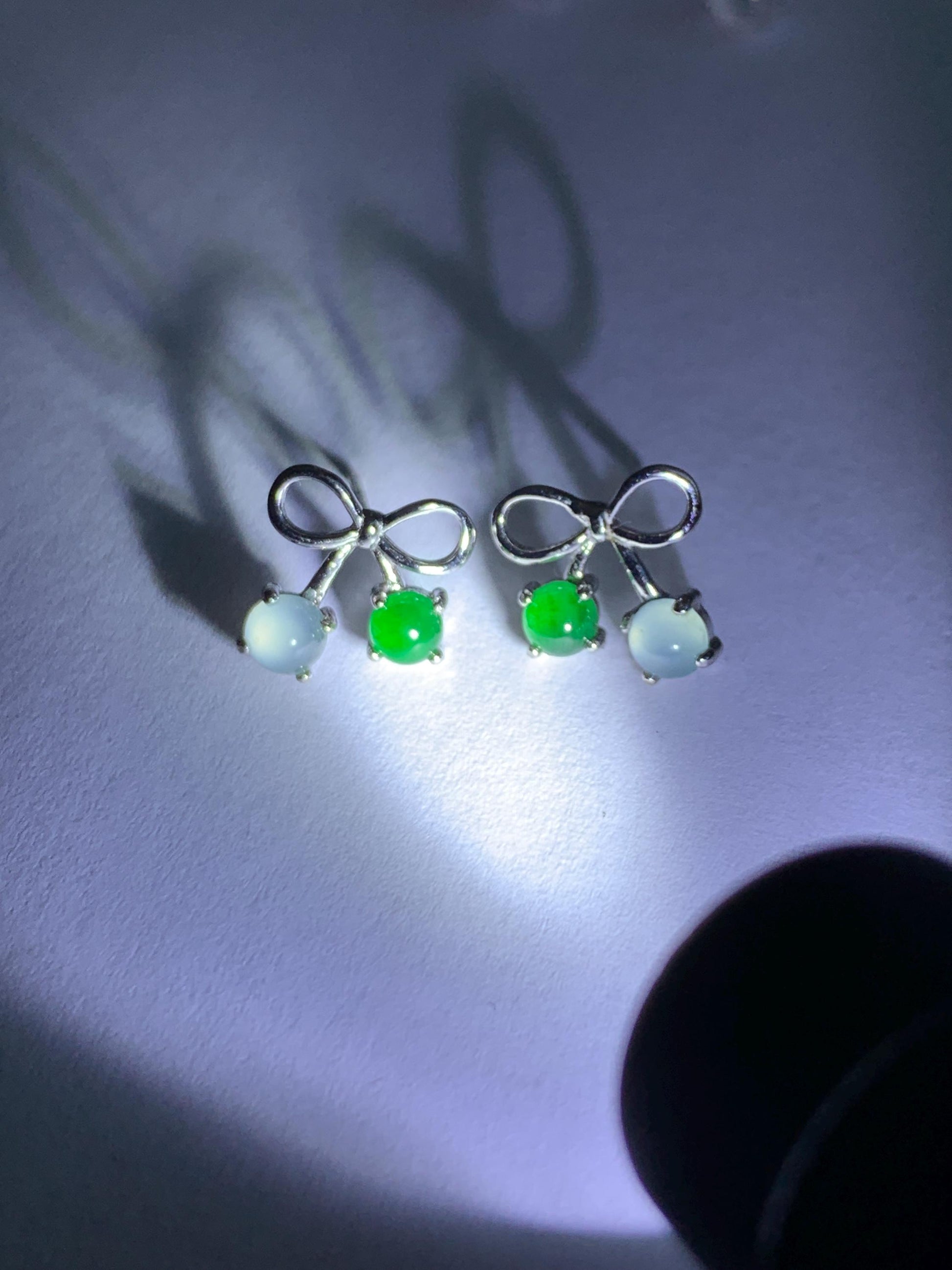 Natural Guatemalan Grade A Icy Highly Translucent Pale Blue Vibrant Green Jade Jadeite Bow Earrings Sterling Silver 天然冰危蓝绿翡翠蝴蝶结耳钉 WSB120B