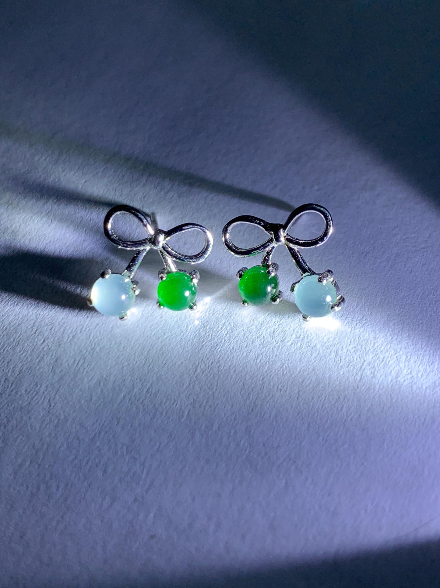 Natural Guatemalan Grade A Icy Highly Translucent Pale Blue Vibrant Green Jade Jadeite Bow Earrings Sterling Silver 天然冰危蓝绿翡翠蝴蝶结耳钉 WSB120B
