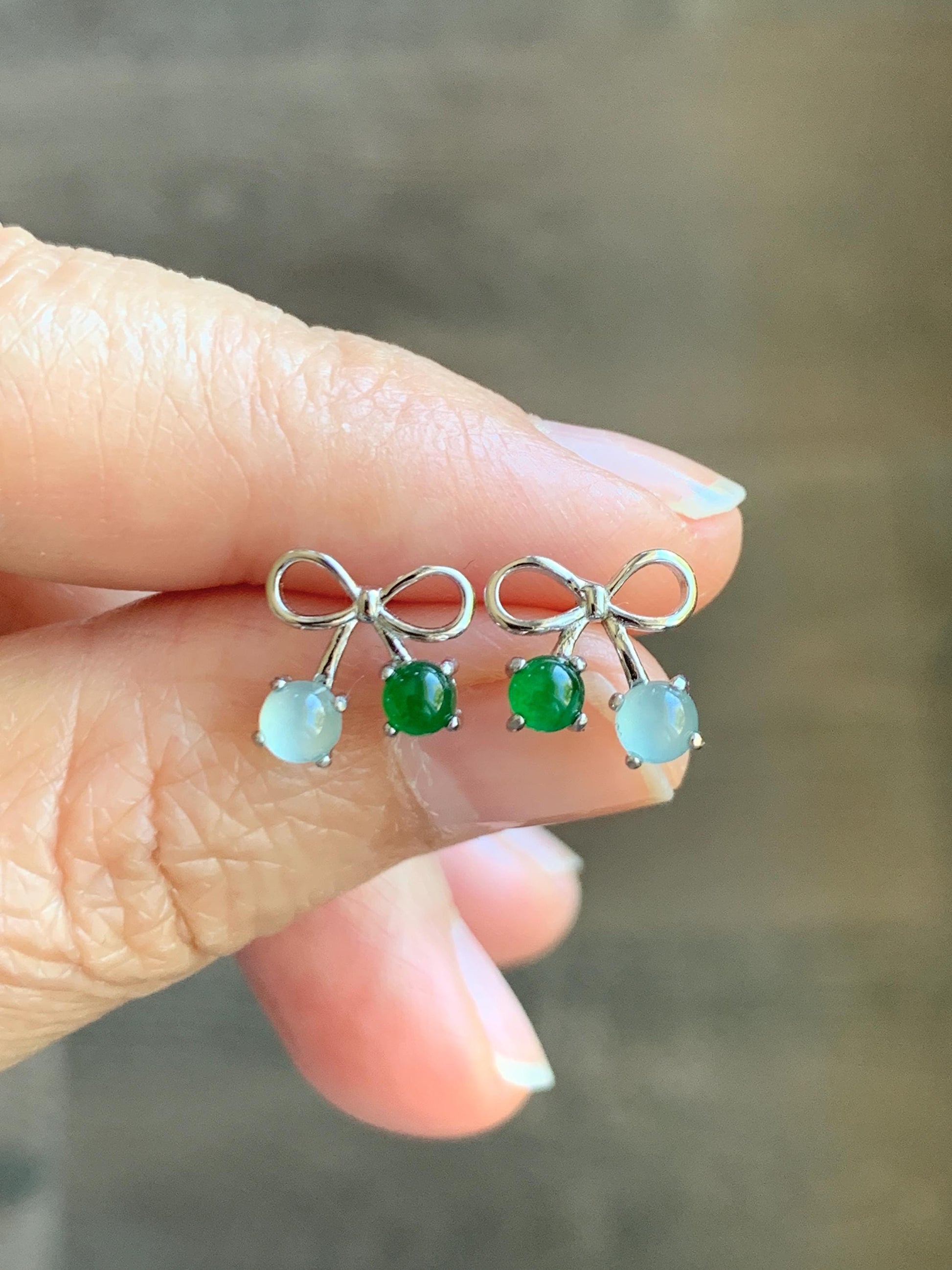 Natural Guatemalan Grade A Icy Highly Translucent Pale Blue Vibrant Green Jade Jadeite Bow Earrings Sterling Silver 天然冰危蓝绿翡翠蝴蝶结耳钉 WSB120B