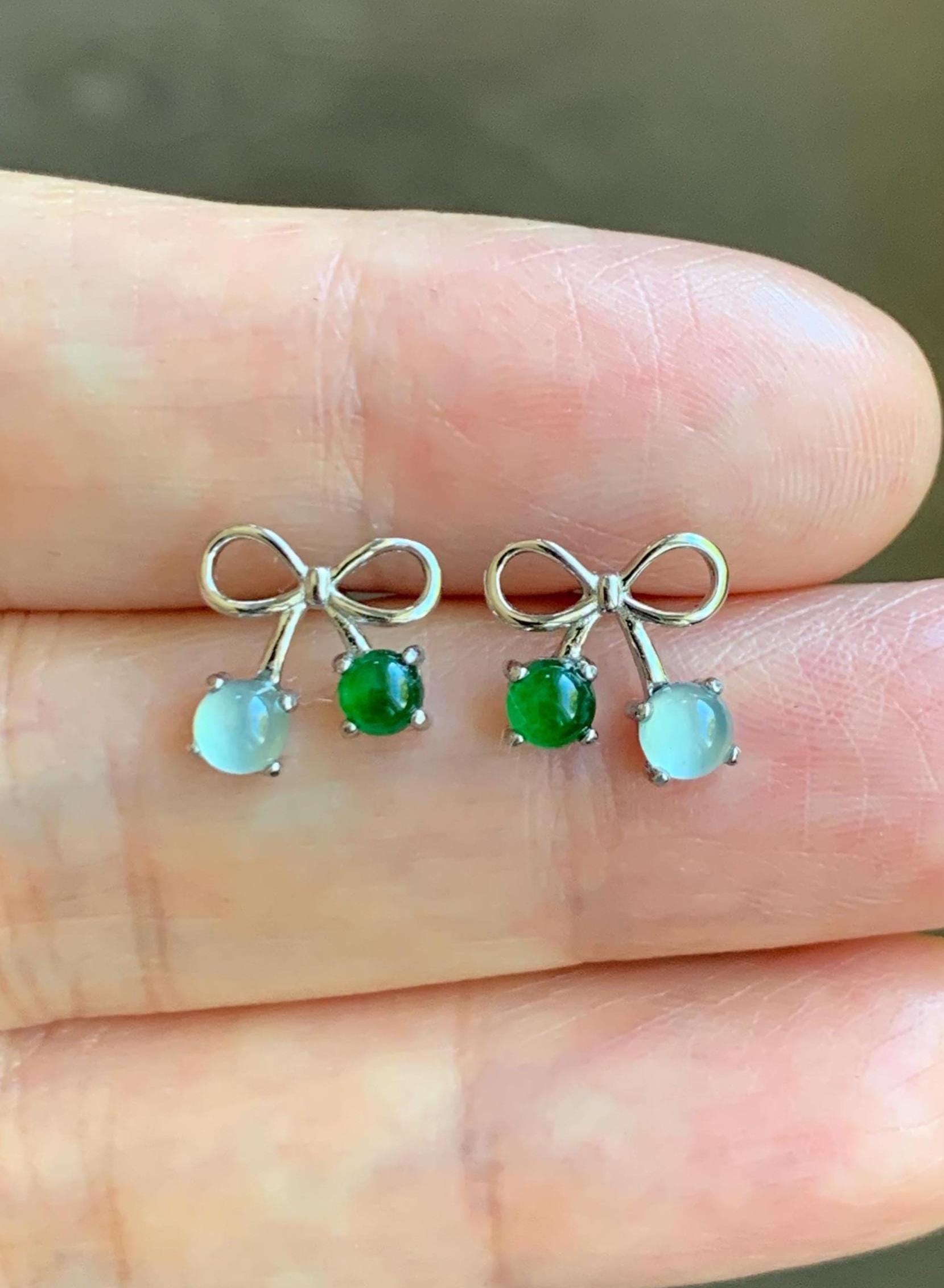 Natural Guatemalan Grade A Icy Highly Translucent Pale Blue Vibrant Green Jade Jadeite Bow Earrings Sterling Silver 天然冰危蓝绿翡翠蝴蝶结耳钉 WSB120A