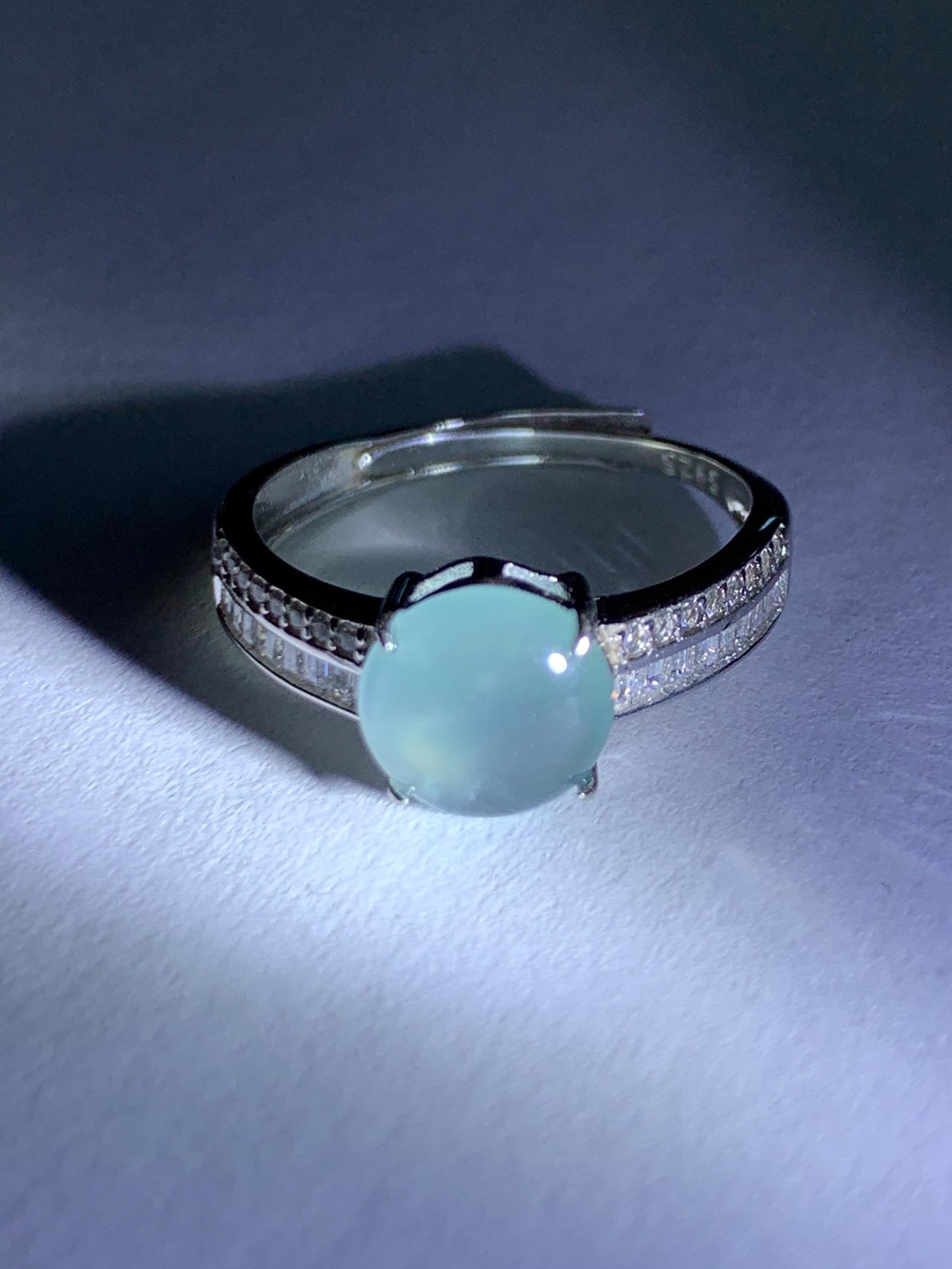 Natural Grade A Guatemalan Icy highly Translucent Pastel Dusty Blue Jade Jadeite Ring Sterling Silver Size Adjustable 天然冰危浅蓝翡翠银镶戒指 WLP136B
