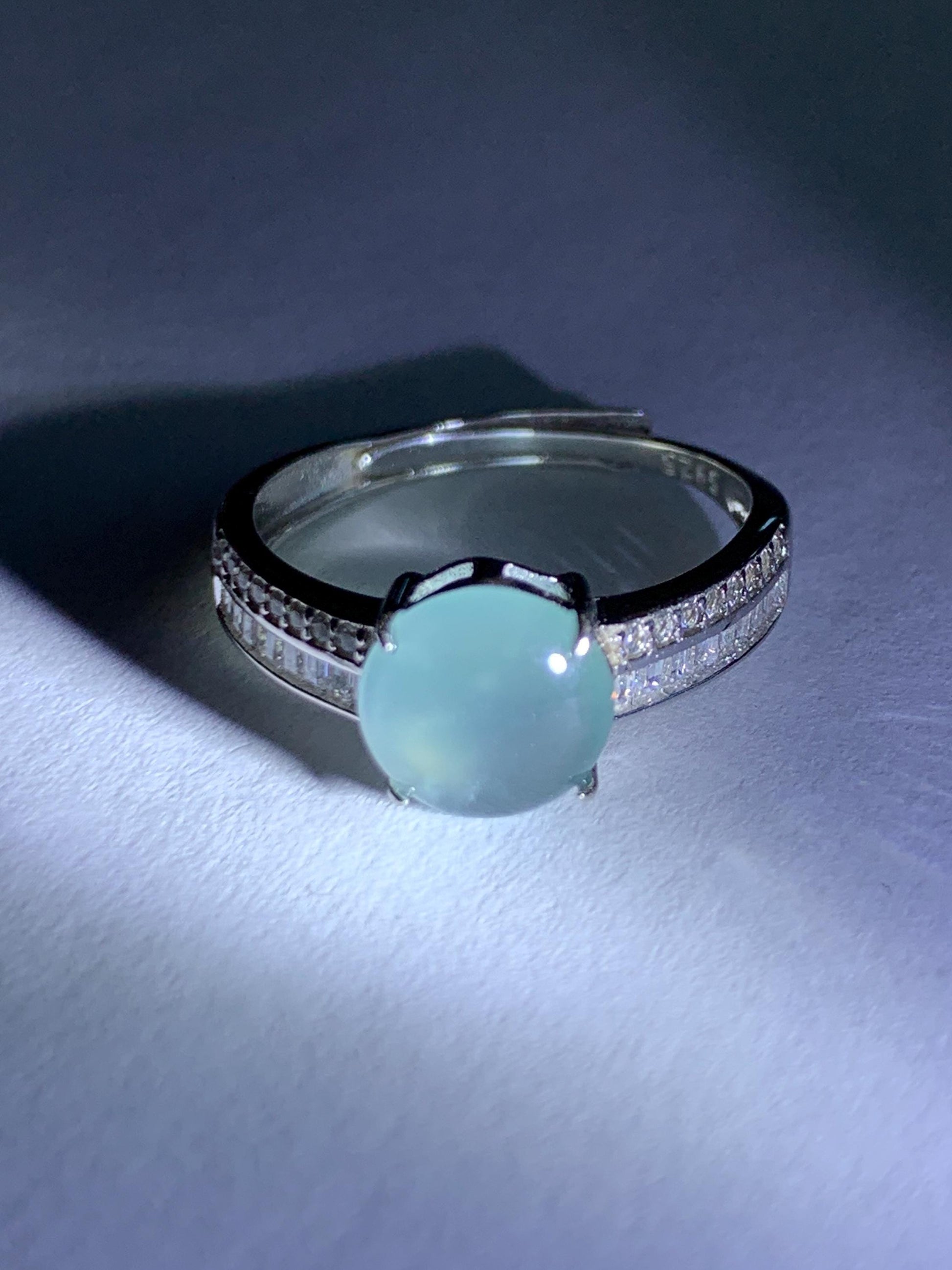 Natural Grade A Guatemalan Icy highly Translucent Pastel Dusty Blue Jade Jadeite Ring Sterling Silver Size Adjustable 天然冰危浅蓝翡翠银镶戒指 WLP136B