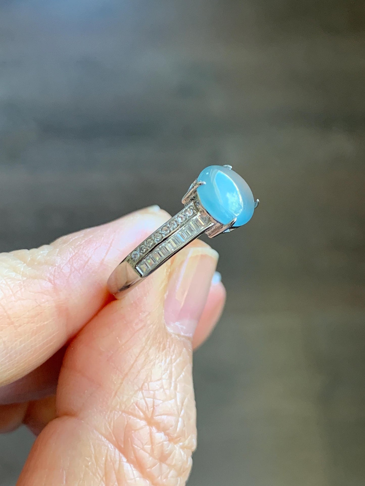 Natural Grade A Guatemalan Icy highly Translucent Pastel Dusty Blue Jade Jadeite Ring Sterling Silver Size Adjustable 天然冰危浅蓝翡翠银镶戒指 WLP136B