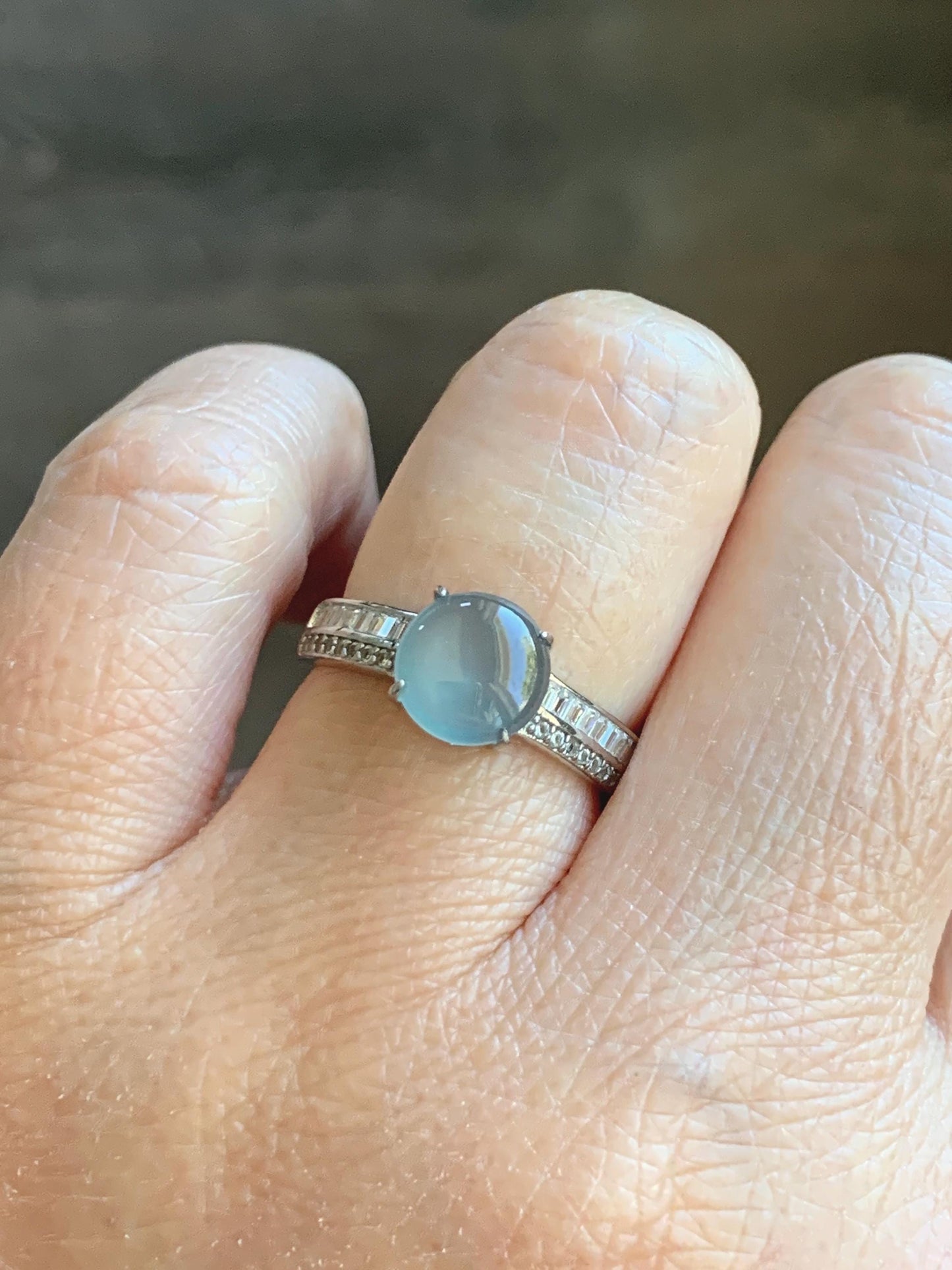 Natural Grade A Guatemalan Icy highly Translucent Pastel Dusty Blue Jade Jadeite Ring Sterling Silver Size Adjustable 天然冰危浅蓝翡翠银镶戒指 WLP136B