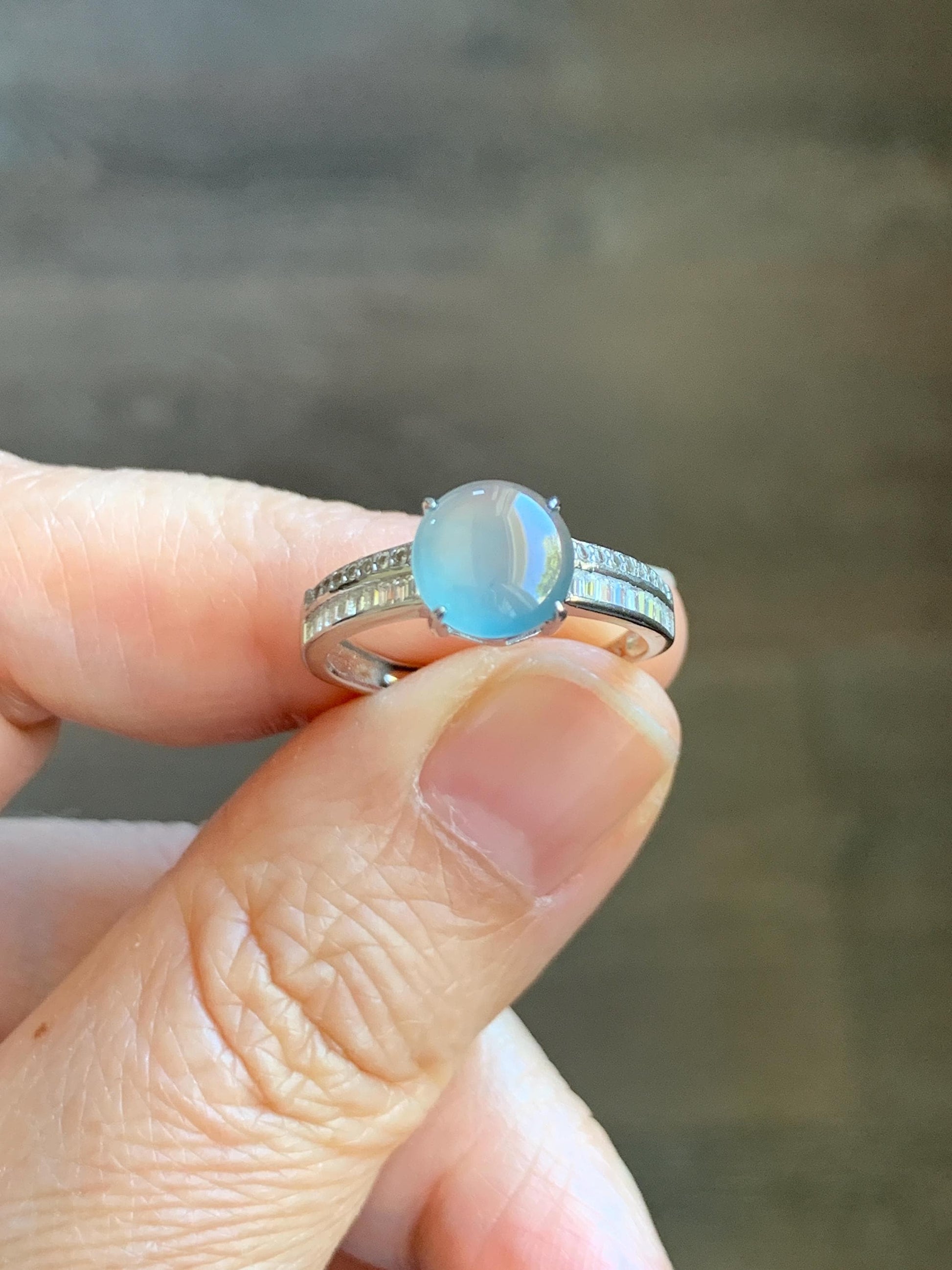 Natural Grade A Guatemalan Icy highly Translucent Pastel Dusty Blue Jade Jadeite Ring Sterling Silver Size Adjustable 天然冰危浅蓝翡翠银镶戒指 WLP136B