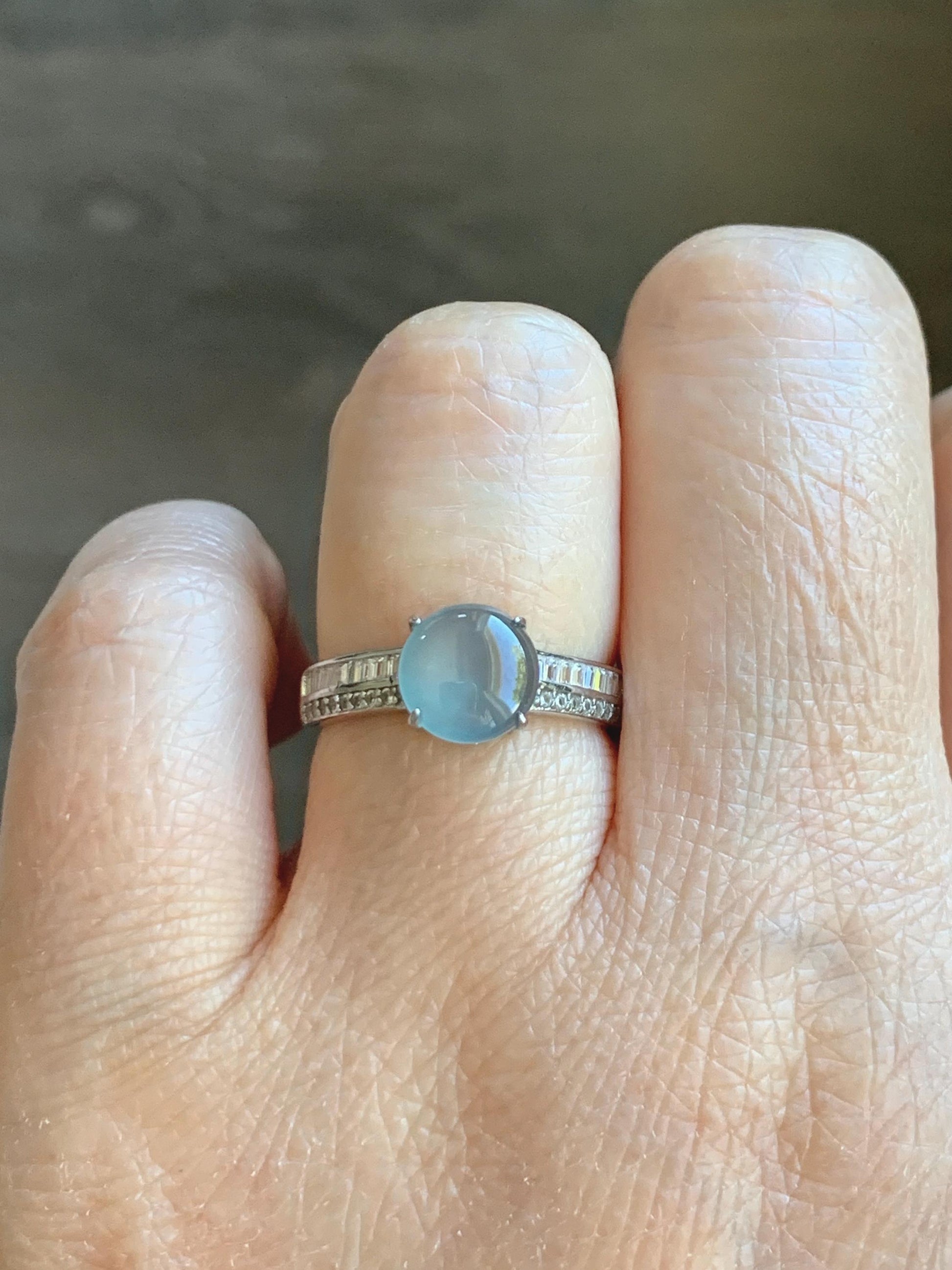 Natural Grade A Guatemalan Icy highly Translucent Pastel Dusty Blue Jade Jadeite Ring Sterling Silver Size Adjustable 天然冰危浅蓝翡翠银镶戒指 WLP136B