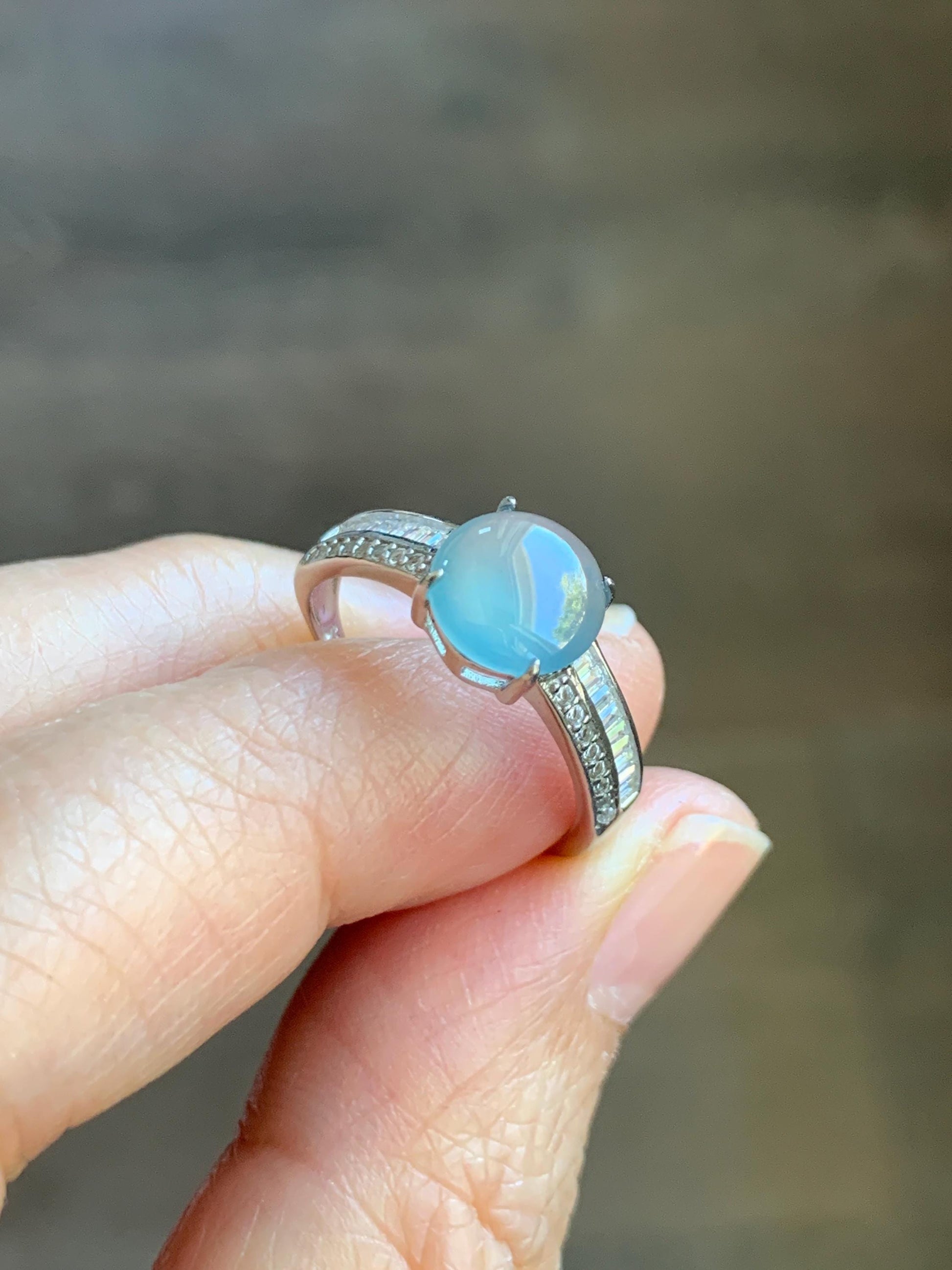 Natural Grade A Guatemalan Icy highly Translucent Pastel Dusty Blue Jade Jadeite Ring Sterling Silver Size Adjustable 天然冰危浅蓝翡翠银镶戒指 WLP136B