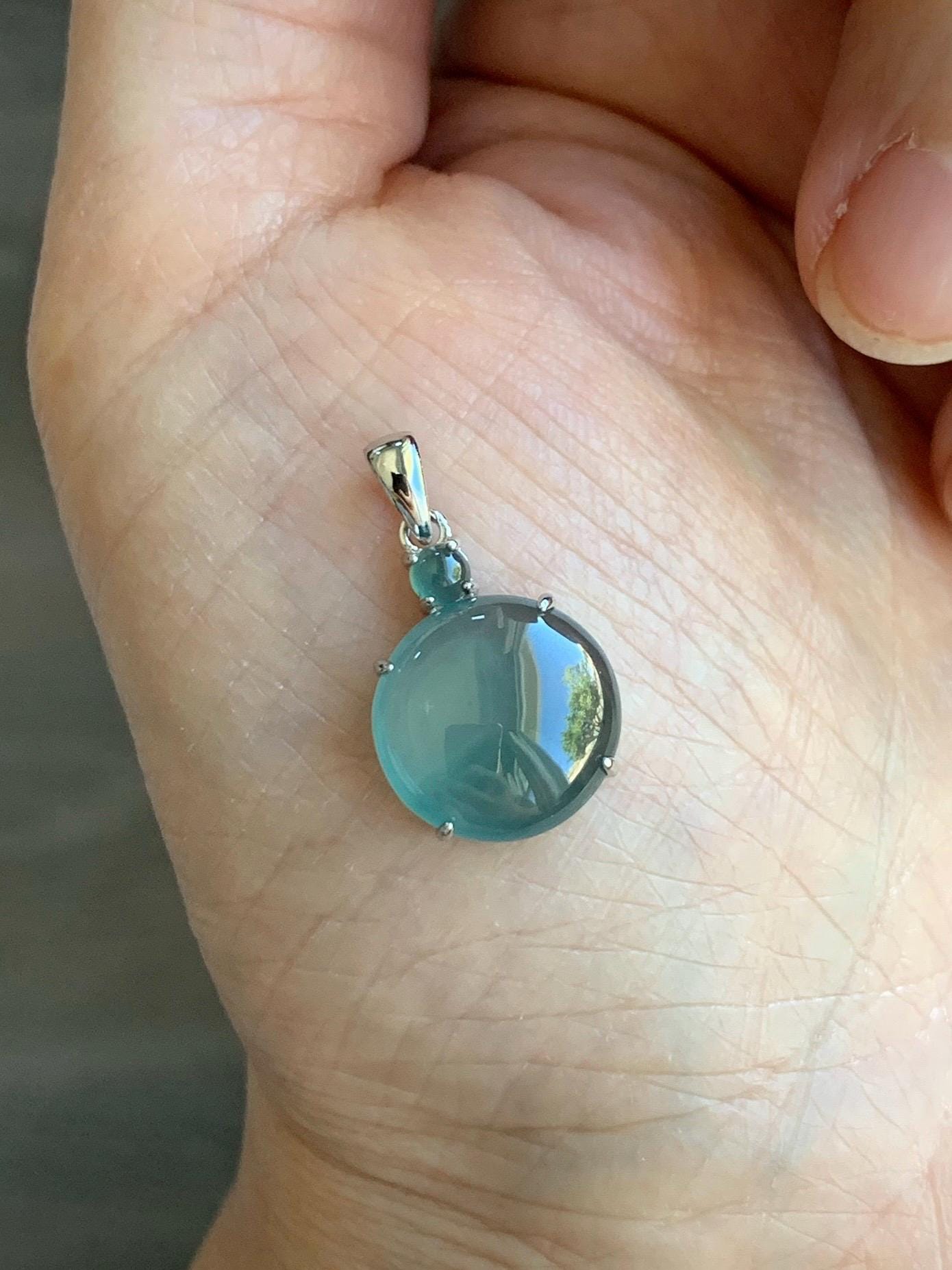 Natural Grade A Guatemalan Icy Highly Translucent Dark Teal Blue Jade Jadeite Round Cabochon Pendant Sterling Silver 天然冰危蓝水翡翠蛋面吊坠 WDD120