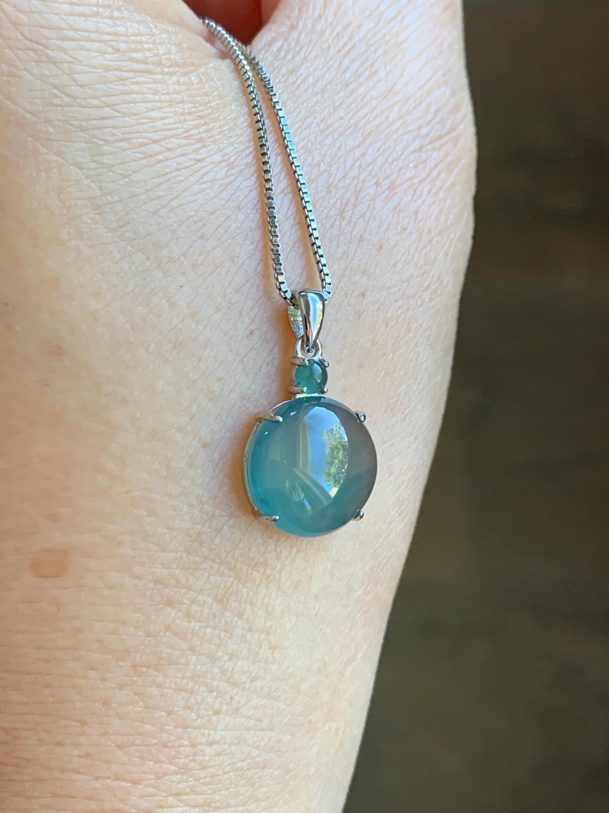 Natural Grade A Guatemalan Icy Highly Translucent Dark Teal Blue Jade Jadeite Round Cabochon Pendant Sterling Silver 天然冰危蓝水翡翠蛋面吊坠 WDD120