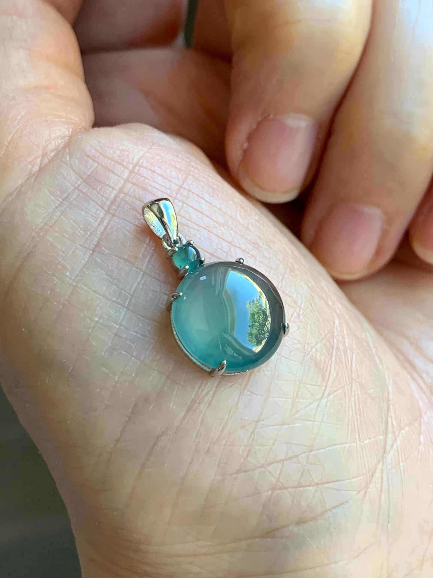 Natural Grade A Guatemalan Icy Highly Translucent Dark Teal Blue Jade Jadeite Round Cabochon Pendant Sterling Silver 天然冰危蓝水翡翠蛋面吊坠 WDD120