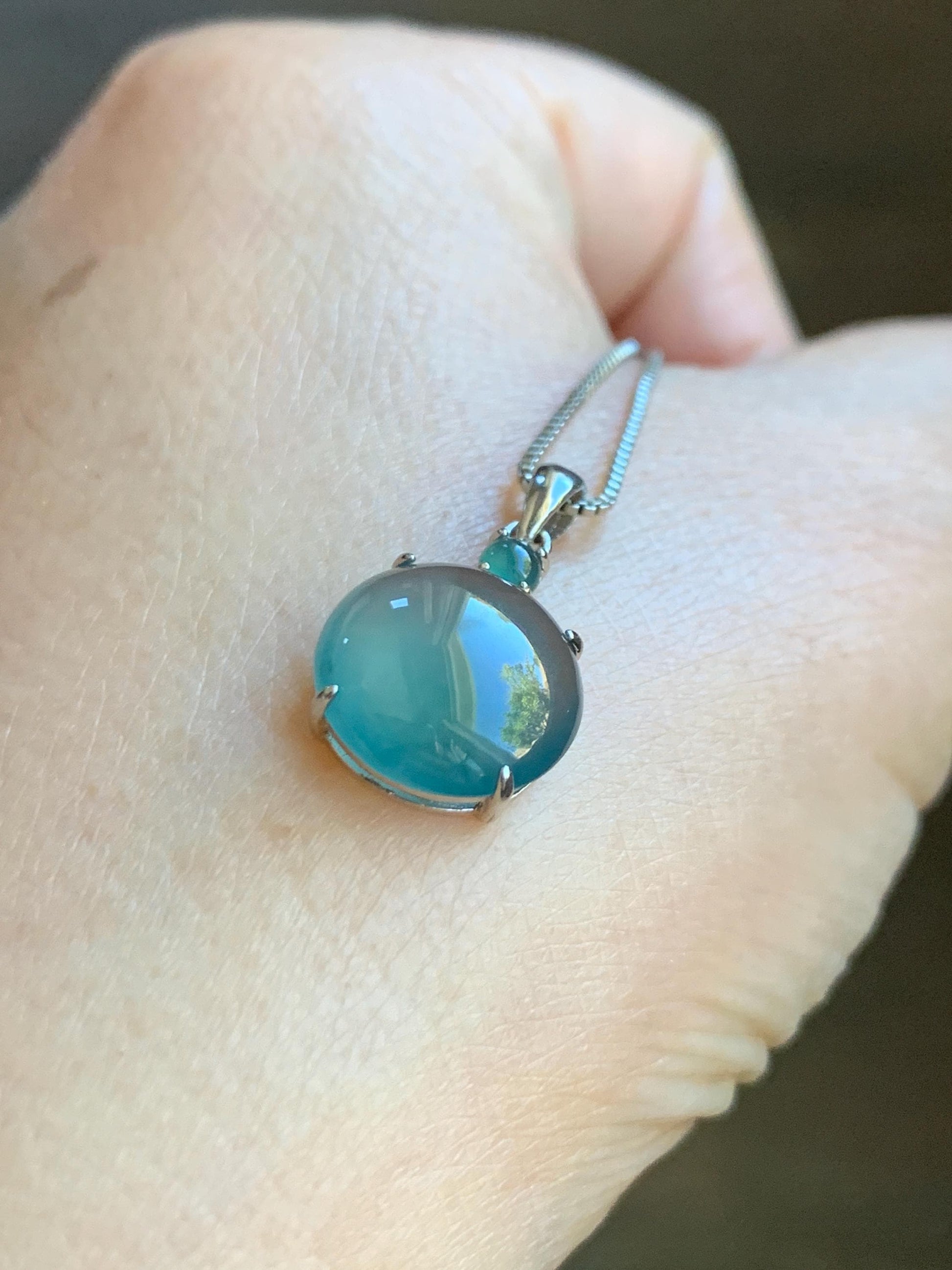 Natural Grade A Guatemalan Icy Highly Translucent Dark Teal Blue Jade Jadeite Round Cabochon Pendant Sterling Silver 天然冰危蓝水翡翠蛋面吊坠 WDD120